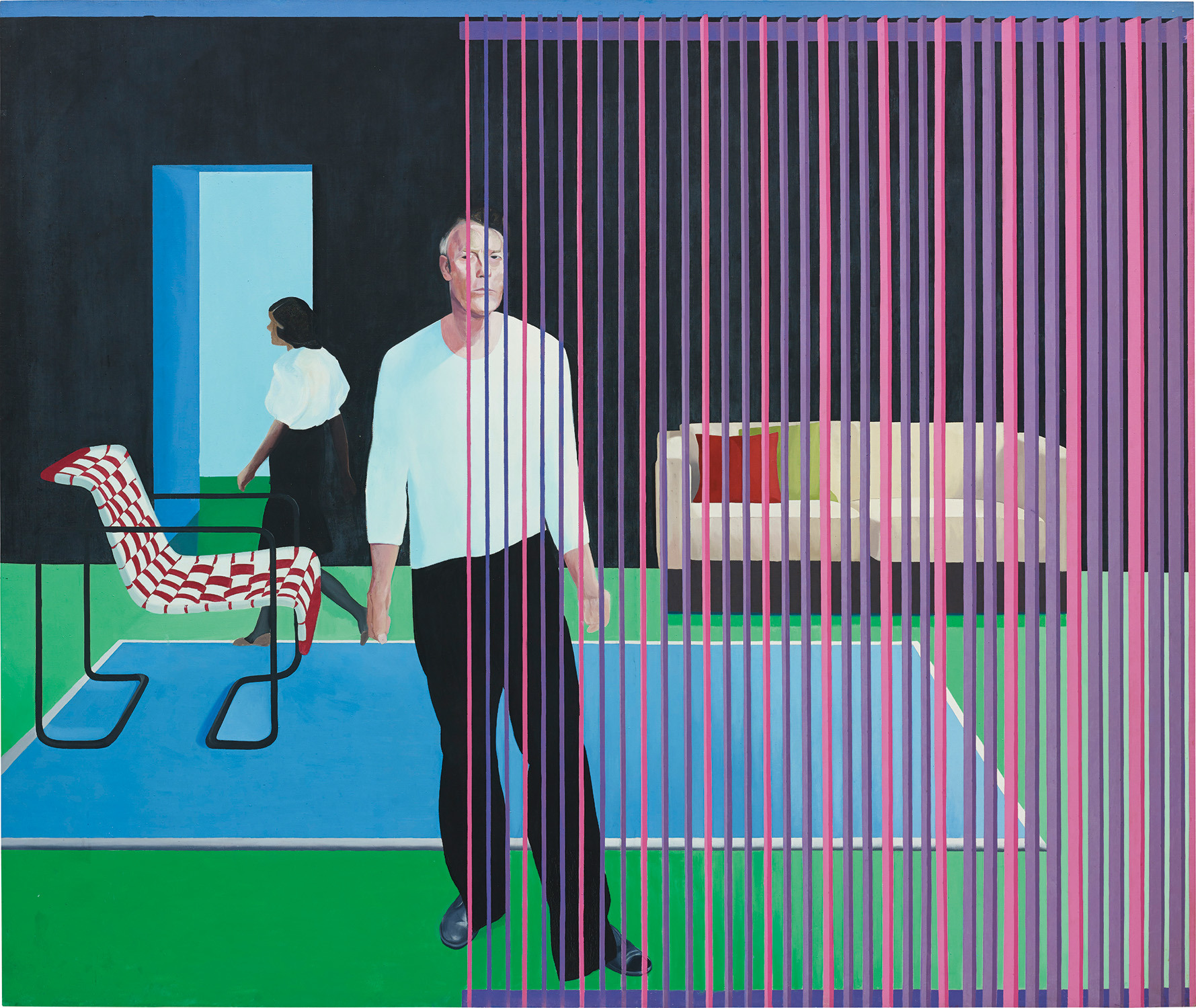 Neil Stokoe — Two Figures Vertical Blind Red Chair and Green Floor