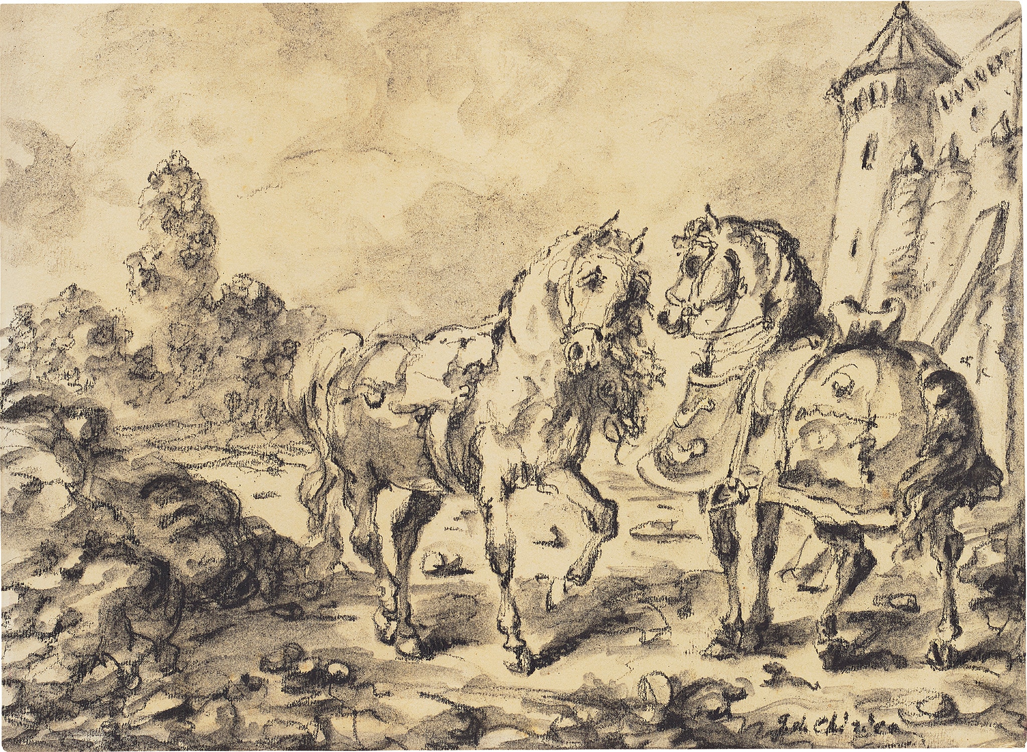 Giorgio de Chirico — Cavalli davanti ad un castello