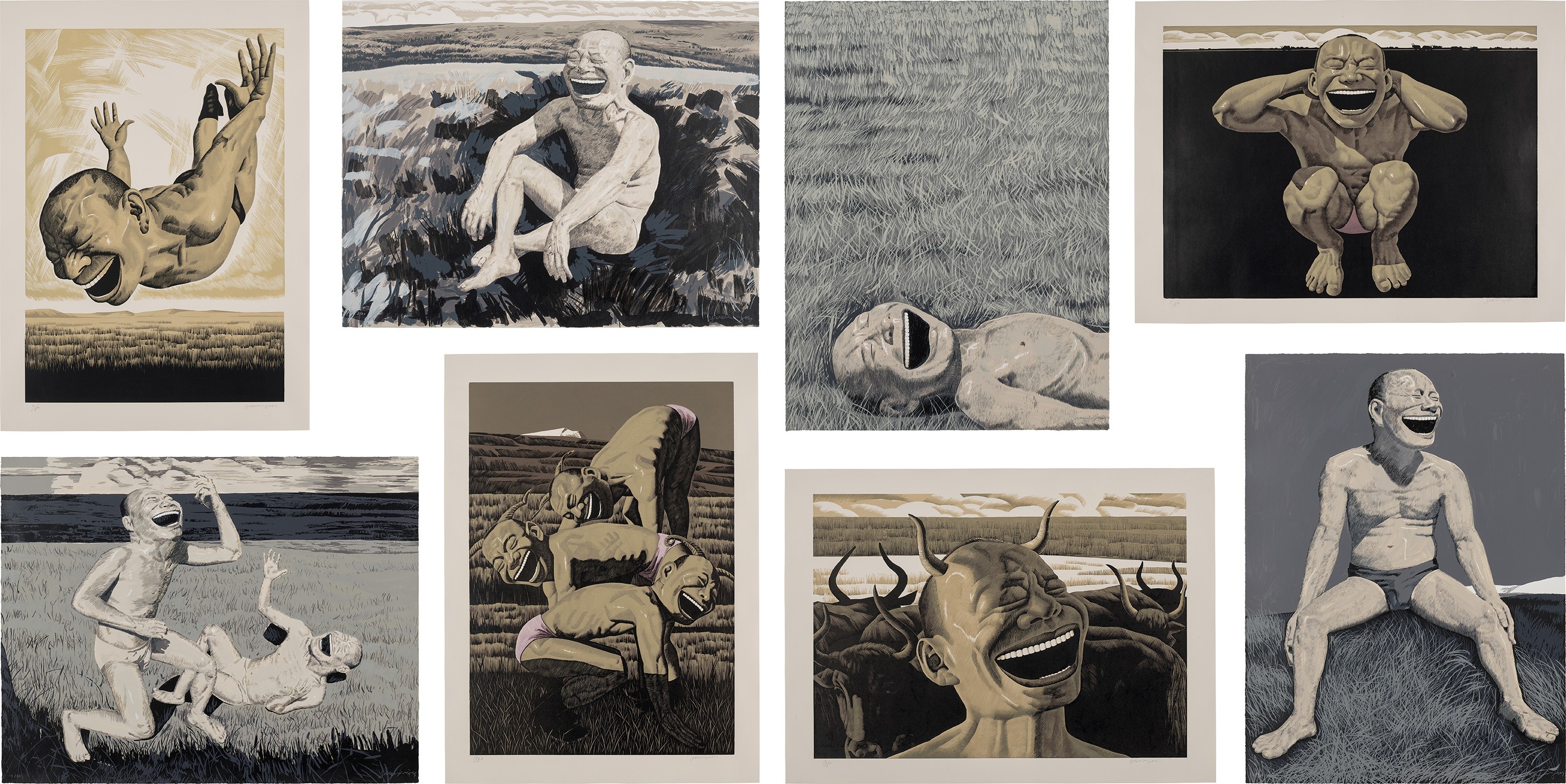 Yue Minjun — Eight works: