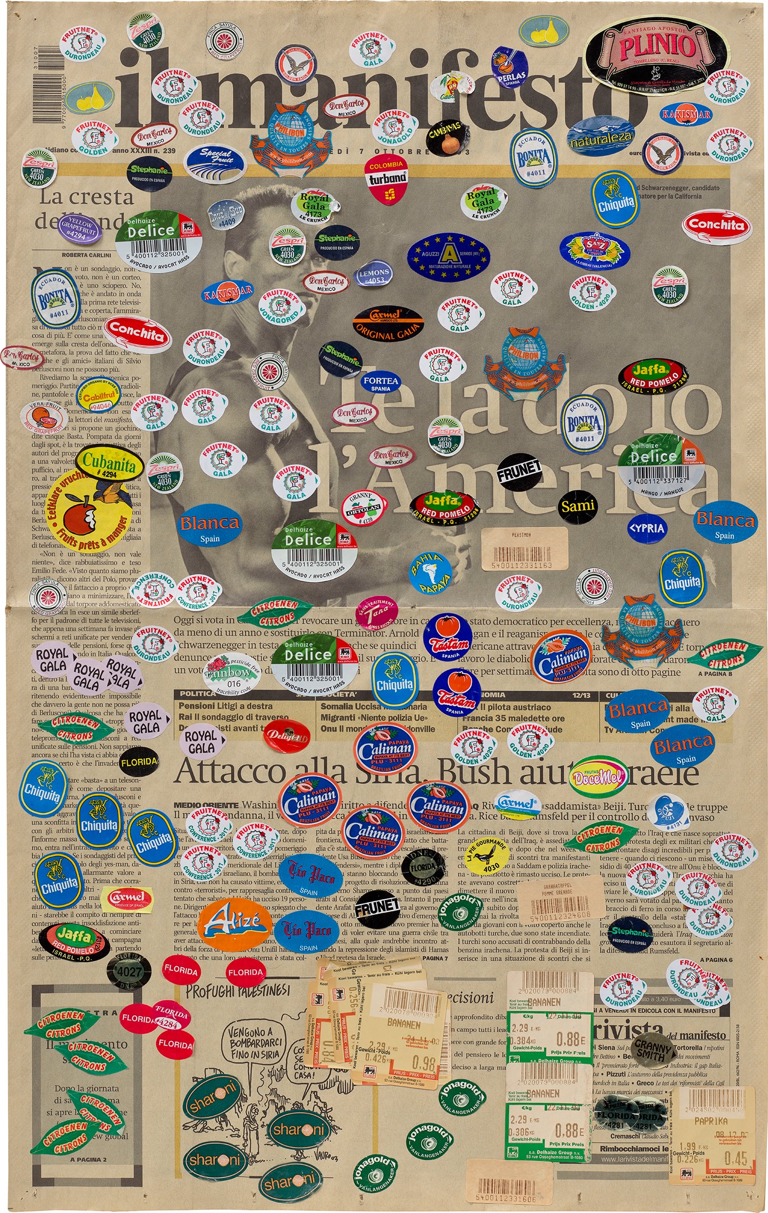 Gabriel Kuri — adhesive labels on newspaper