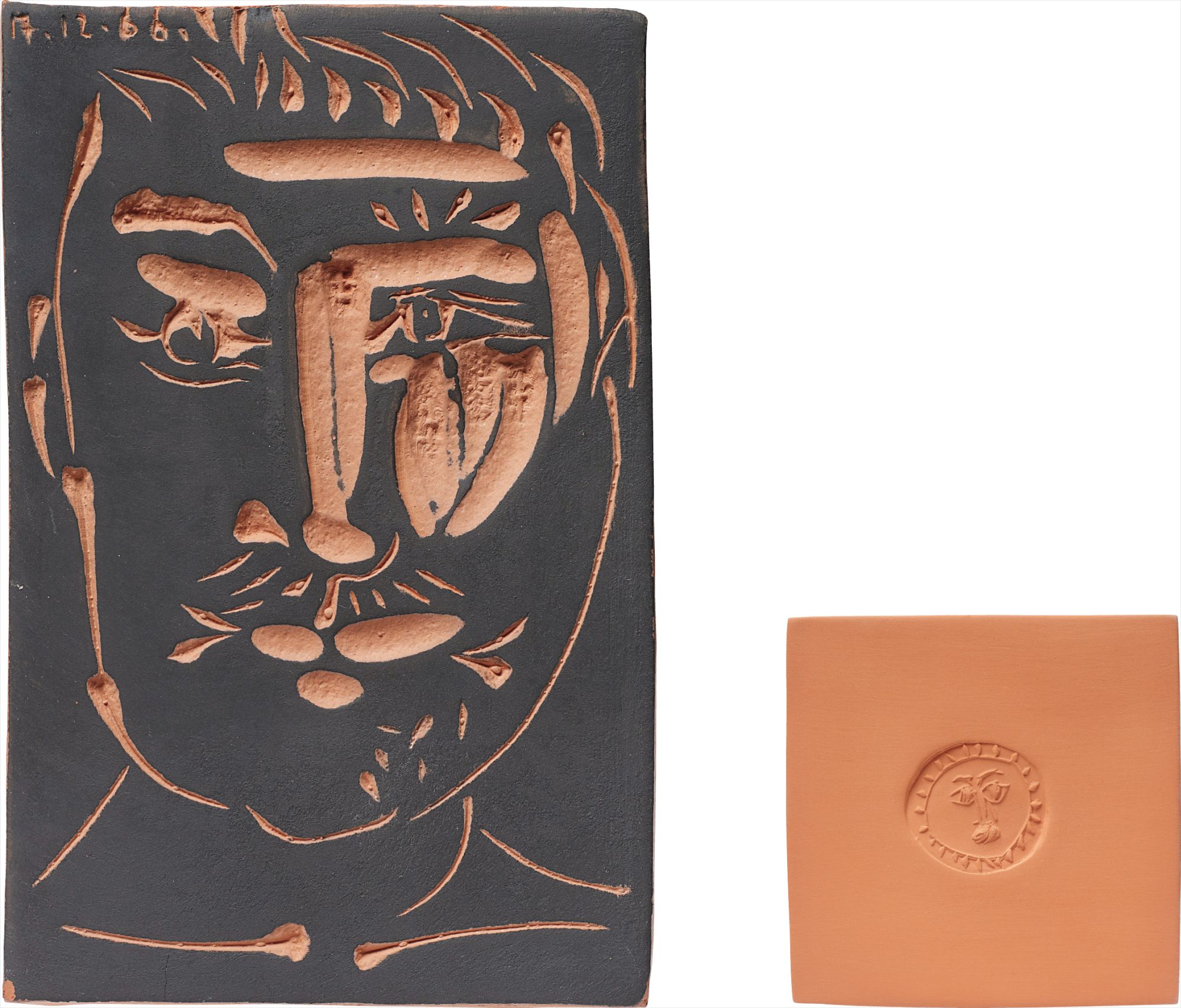 Pablo Picasso — Visage d’homme (Man's Face); and Cercle au visage (Face in Circle), from Carreaux aux motifs