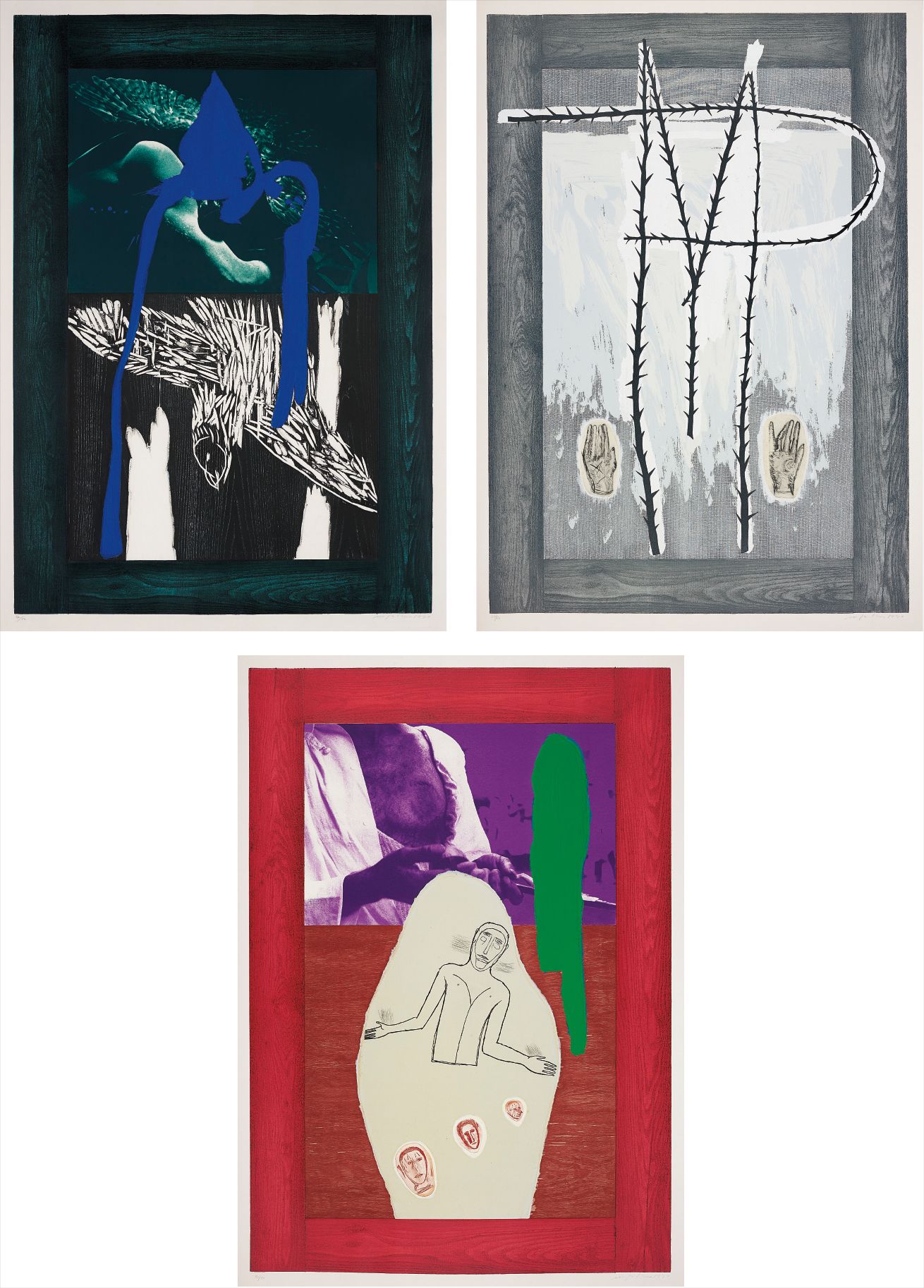 Mimmo Paladino — Gli Ucelli di Notte (The Night Birds); Gli Alberi che nel Corpo Nascono (Trees that Spring from the Body Itself); and Essere Portato in Carro (To Be Carried in a Cart)