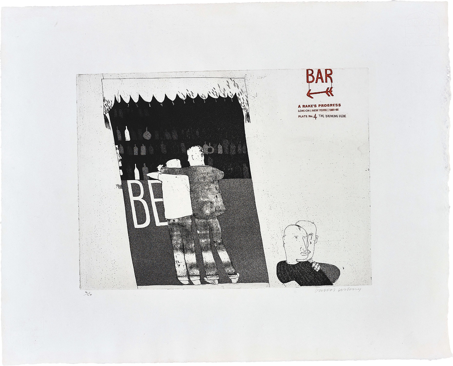David Hockney — The Drinking Scene, plate 4 from A Rake's Progress