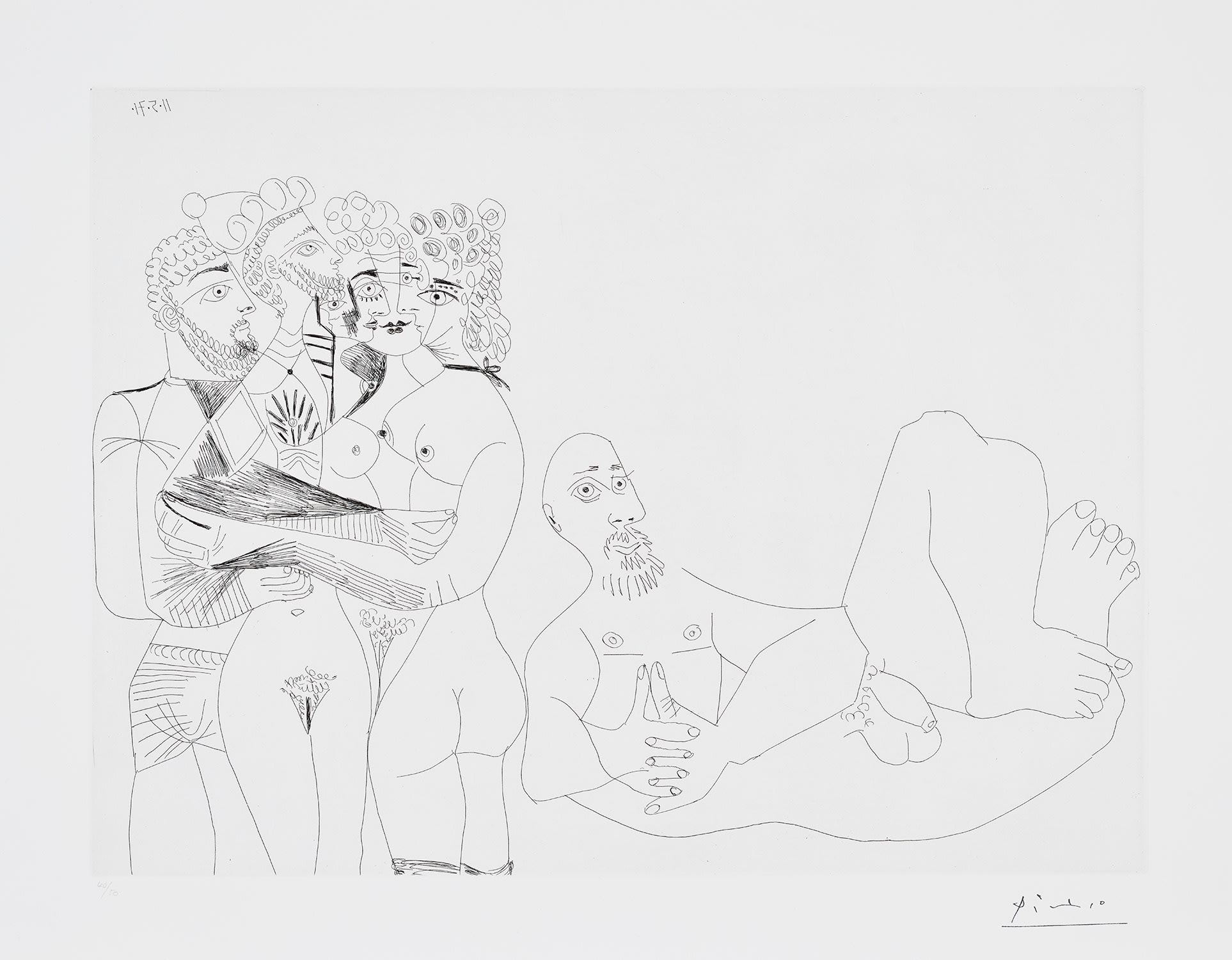 Pablo Picasso — Barbu fantasmant, femmes, homme, et homme grec au corps de femme (Reclining Male Nude and Five Embracing Nudes, One a Hermaphrodite), plate 122 from Séries 156 (Bl. 1977, Ba. 1986)