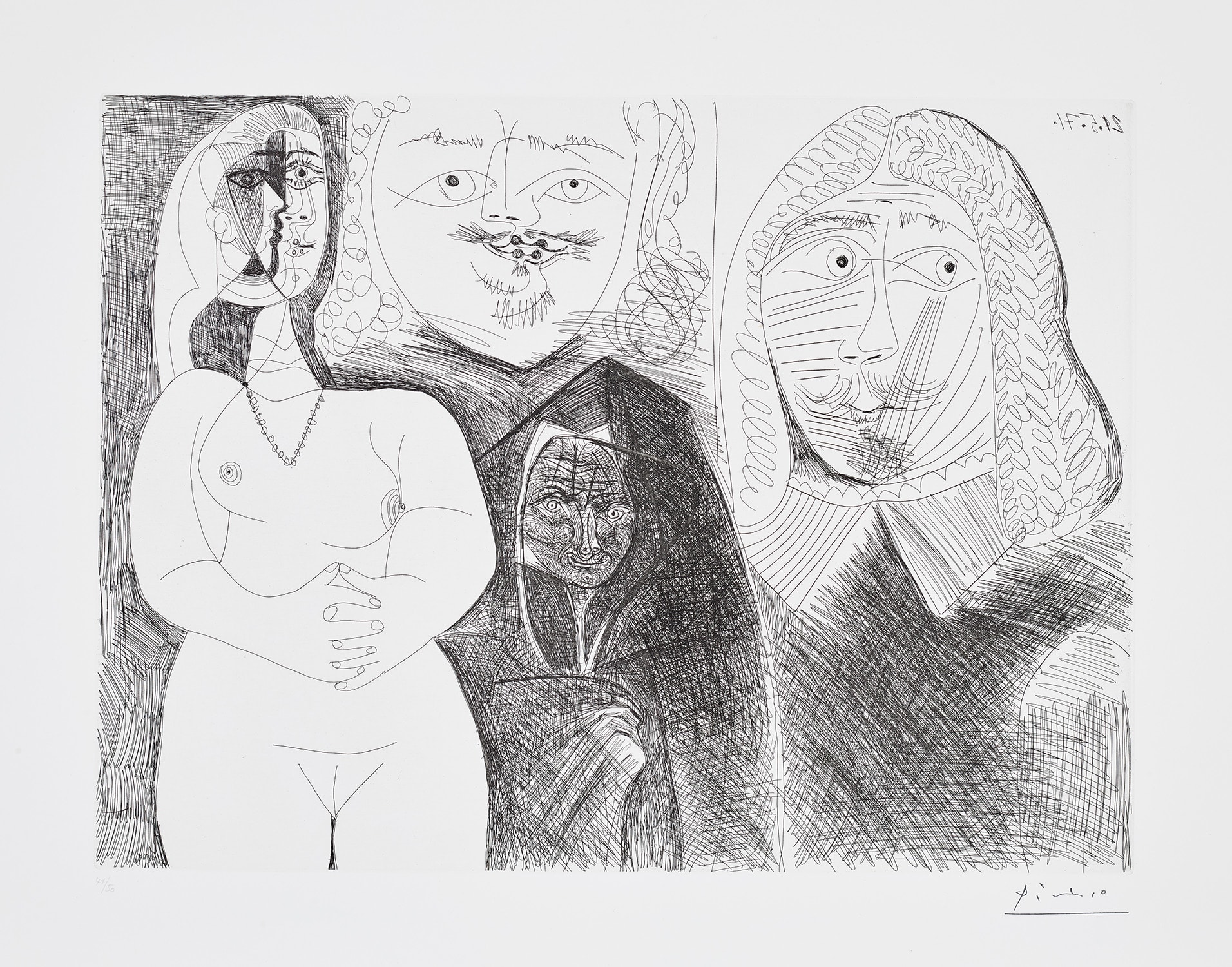 Pablo Picasso — Célestine et fille, avec deux hommes en costume du XVIIe Siècle (Célestine and Daughter, with Two Men in 17th Century Costume), plate 132 from Séries 156 (Bl. 1987, Ba. 1997)