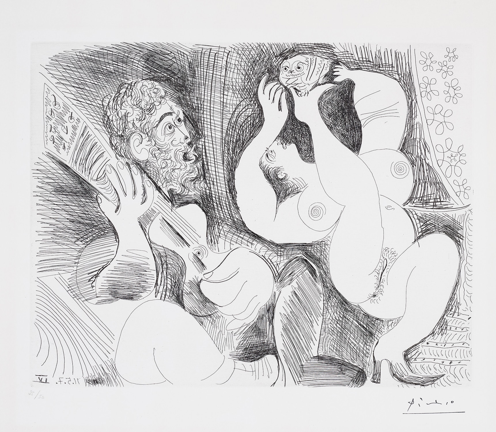 Pablo Picasso — Danseuse tâchant de séduire la chouette d'un guitariste - ou l'inverse (Dancer Trying to Seduce a Guitarist's Owl - or the Other Way Around), plate 46 from Séries 156 (Bl. 1901, Ba. 1907)