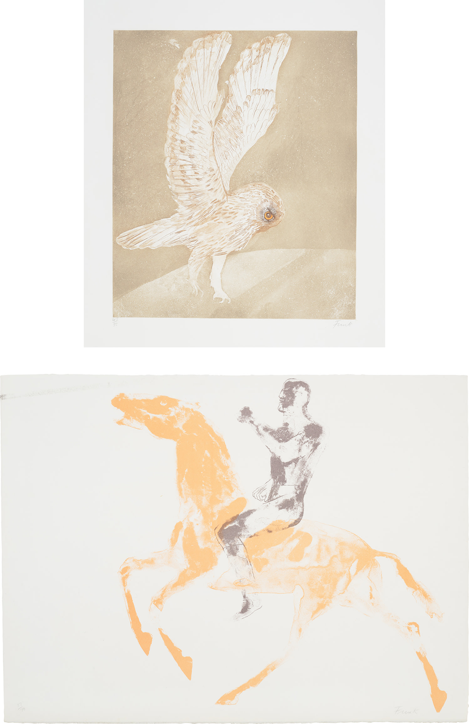 Elisabeth Frink — C.A.S. Horse and Rider; and Tawny Owl, from Six Owls (W. 49; 121)