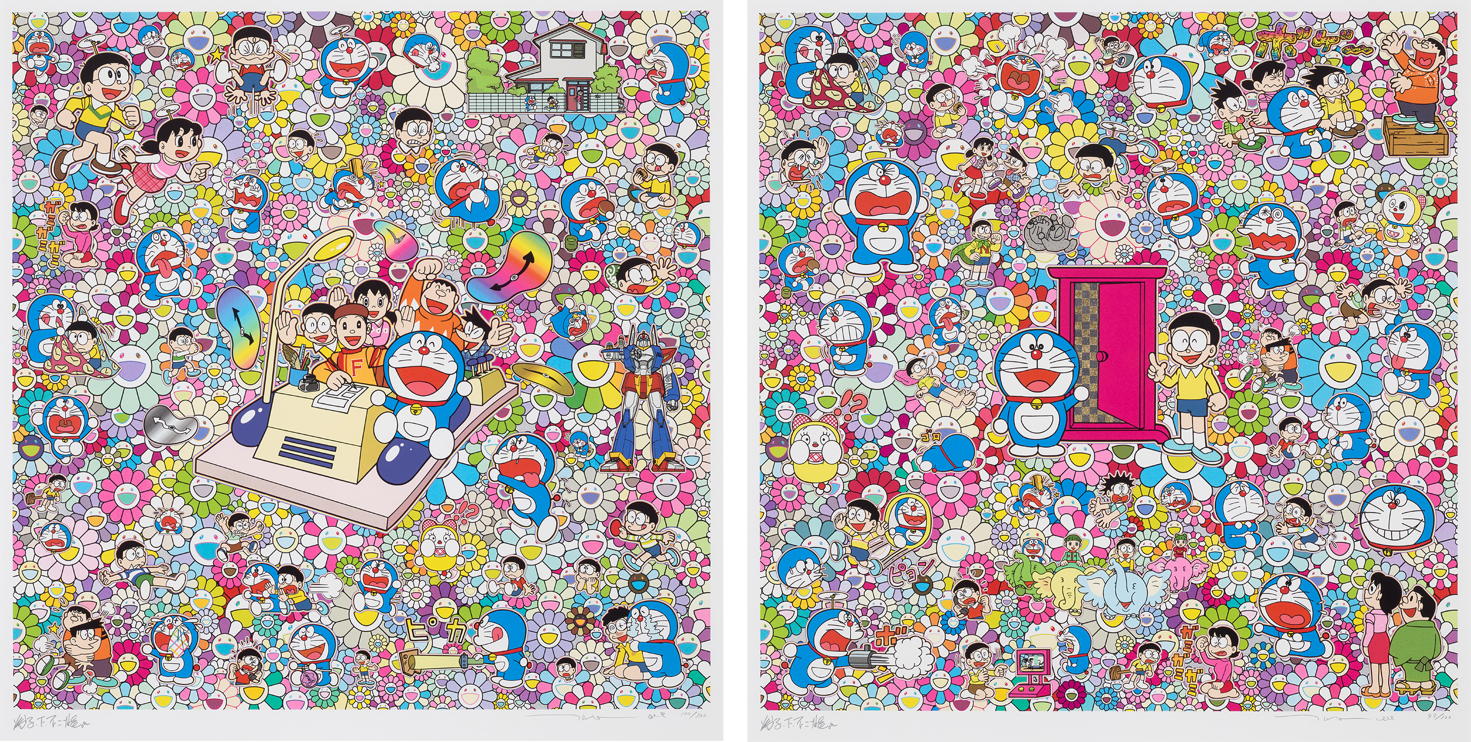 Takashi Murakami — We Can Go Anywhere With Mr Fujiko F. Fujio And The Time Machine!; and There Are Many Dokodemo Doors