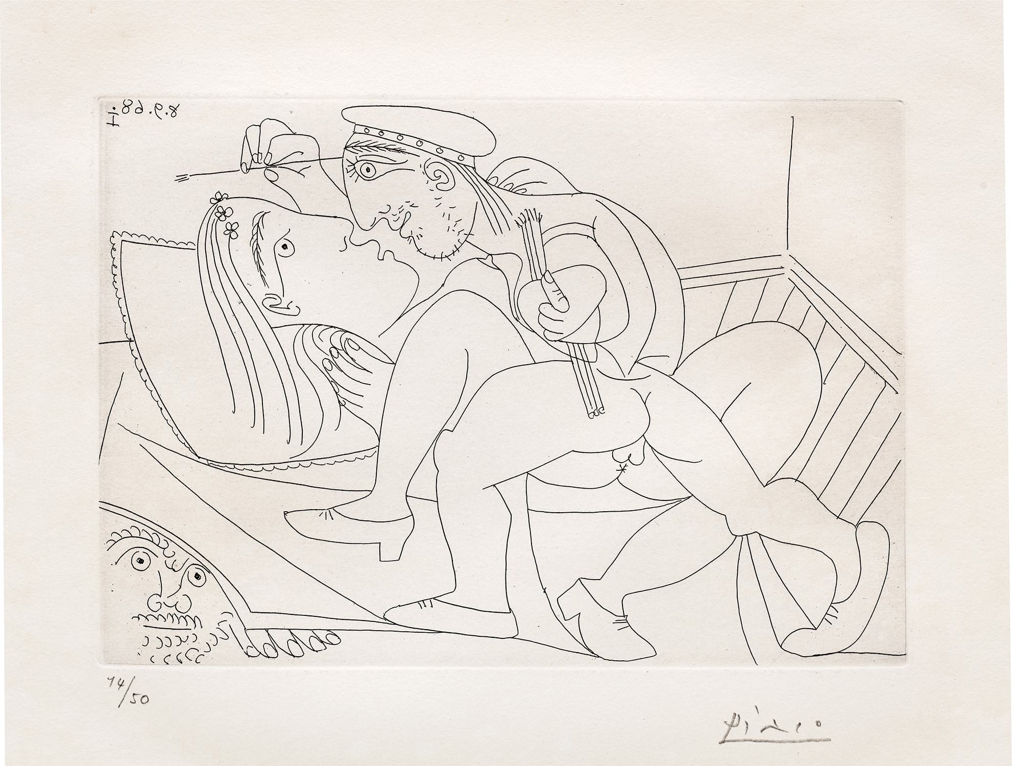 Pablo Picasso — Raphaël et la Fornarina XXI: Michel-Ange est caché sous le lit (Raphael and the Fornarina XXI: Michelangelo is Hidden Under the Bed), plate 316 from Séries 347 (Bl. 1796, Ba. 1813)