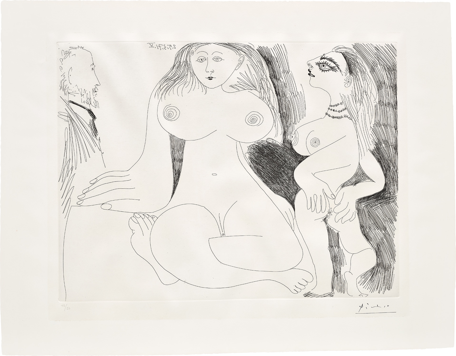 Pablo Picasso — Scene de séduction entre deux filles, avec Degas voyeur (Scene of Seduction Between Two Girls, with Degas Watching), plate 96 from Séries 156 (Bl. 1951, Ba. 1960)