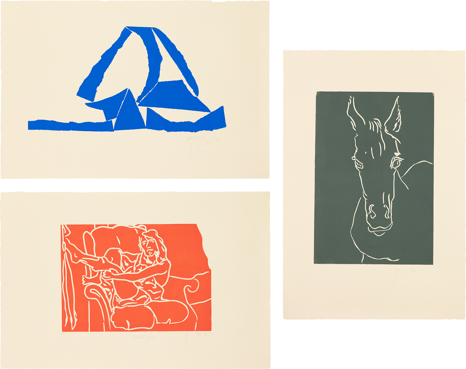 Barry Flanagan — Six linocuts: Mc Brayne's Ferry; Ganymede; Welsh Cob; Welsh Girl; Welsh Lights; and Yacht