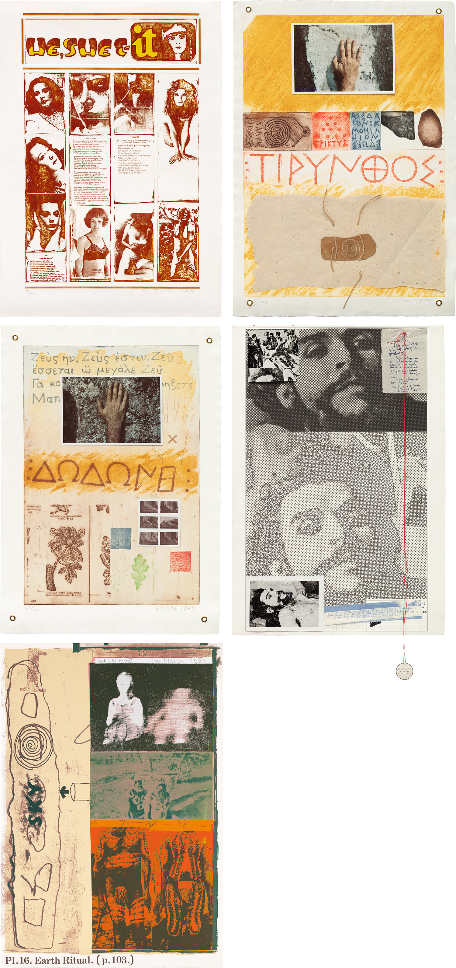 Joe Tilson — He, She and It; Proscinemi, Tiryns; Proscinemi, Dodona, Oracle of Zeus; Letter from Che; and Earth Ritual