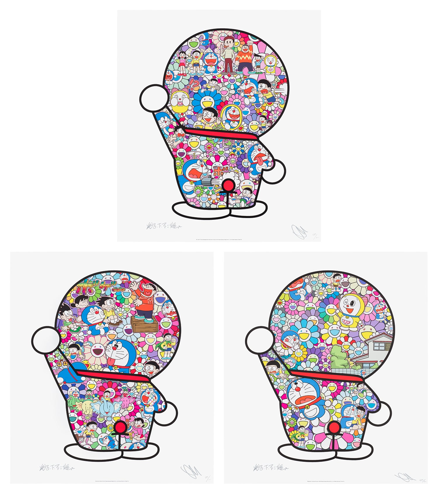 Takashi Murakami — Mr. Fujiko F. Fujio and Doraemon Are in the Field of Flowers; Doraemon's Daily Life; and Doraemon in the Field of Flowers