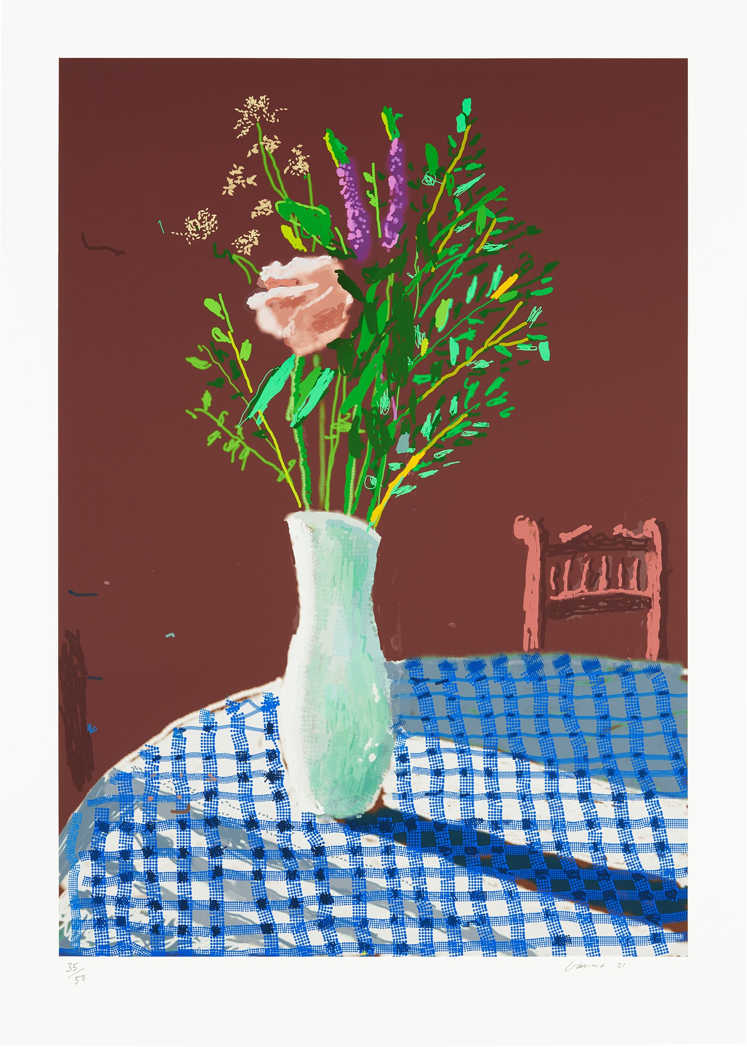 David Hockney — 4th February 2021, Flowers in a White Vase with Chair