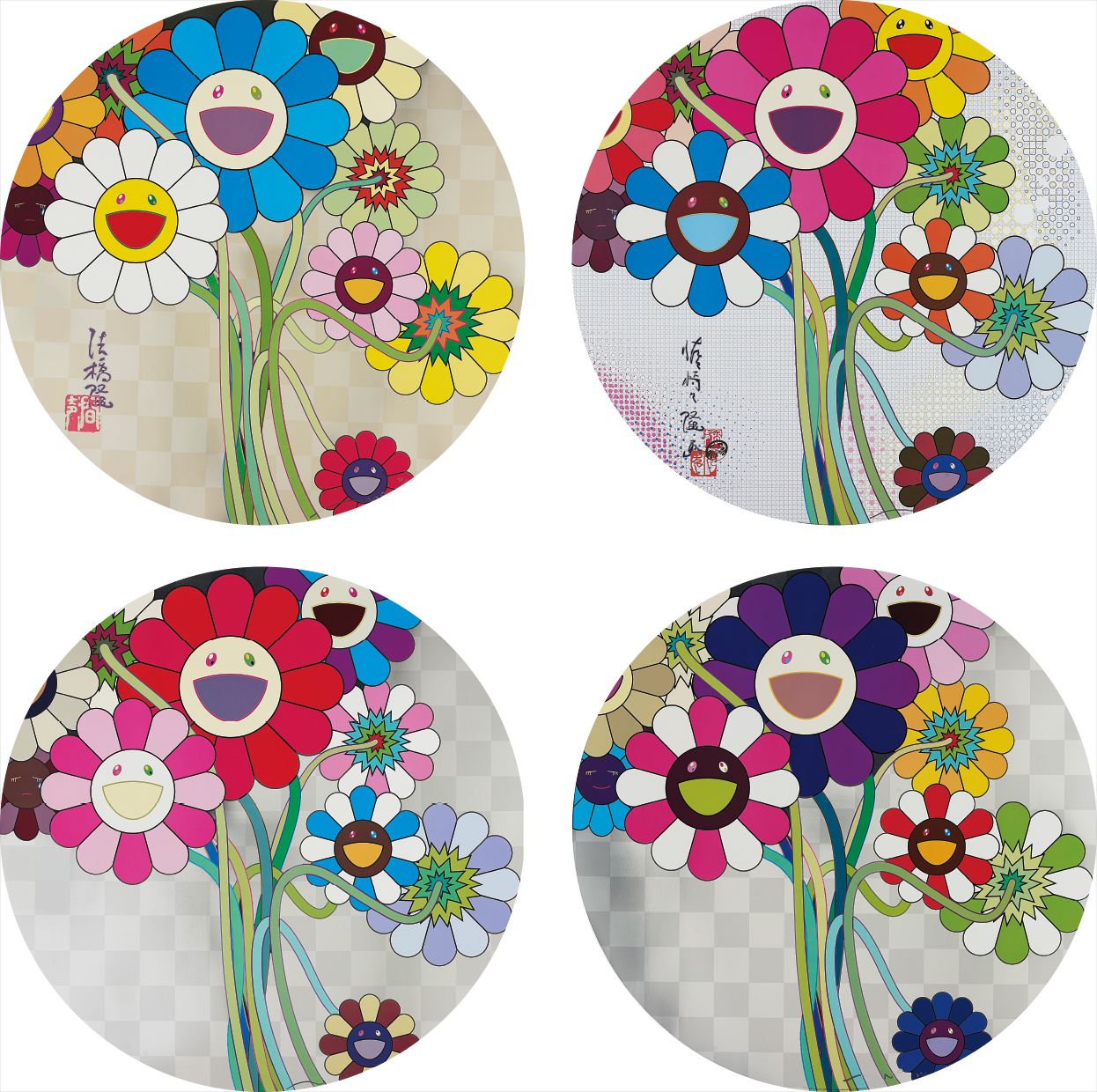 Takashi Murakami — Flowers for Algernon; Even The Digital Realm Has Flowers To Offer!; Warhol/Silver; and Purple Flowers In A Bouquet