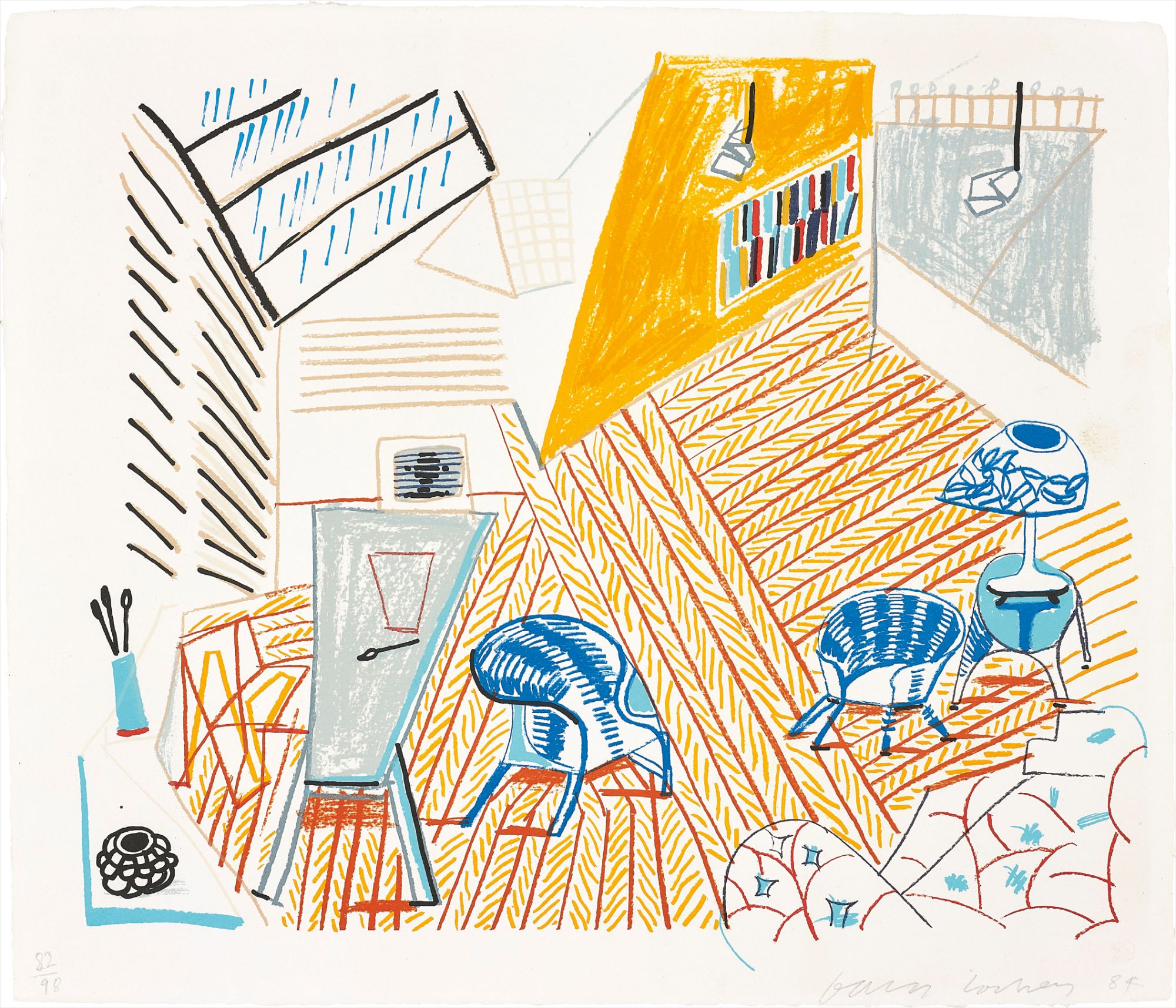 David Hockney — Pembroke Studio with Blue Chairs and Lamp, from The Moving Focus Series