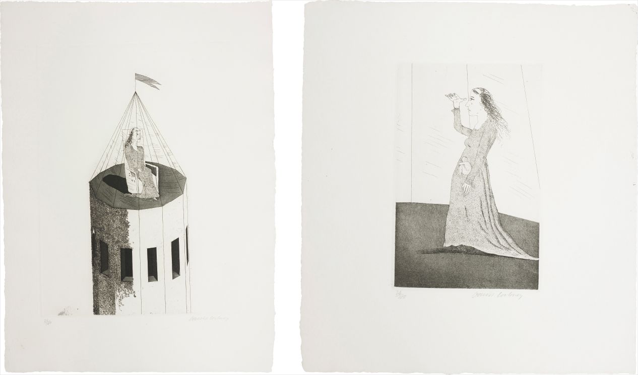 David Hockney — The Princess in Her Tower; and The Princess Searching, plates 2 and 5 from Illustrations for Six Fairy Tales from the Brothers Grimm