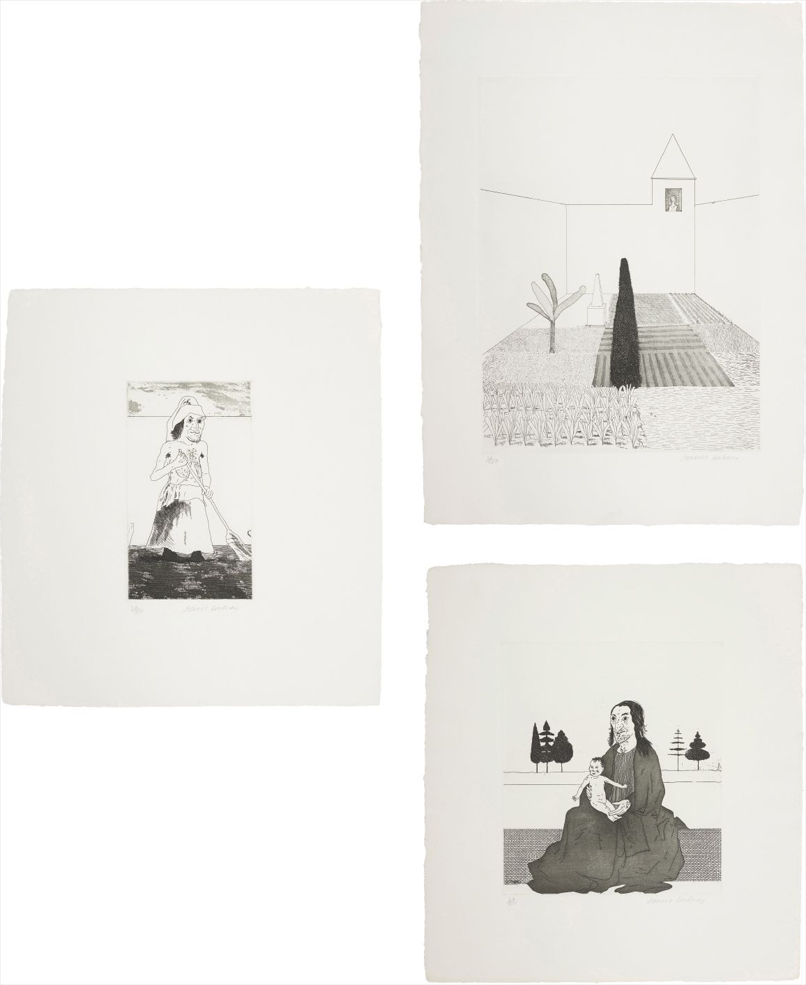 David Hockney — Rapunzel Growing in the Garden; The Enchantress in her Garden; and The Enchantress with the Baby Rapunzel, plates 12, 13 and 14 from Illustrations for Six Fairy Tales from the Brothers Grimm