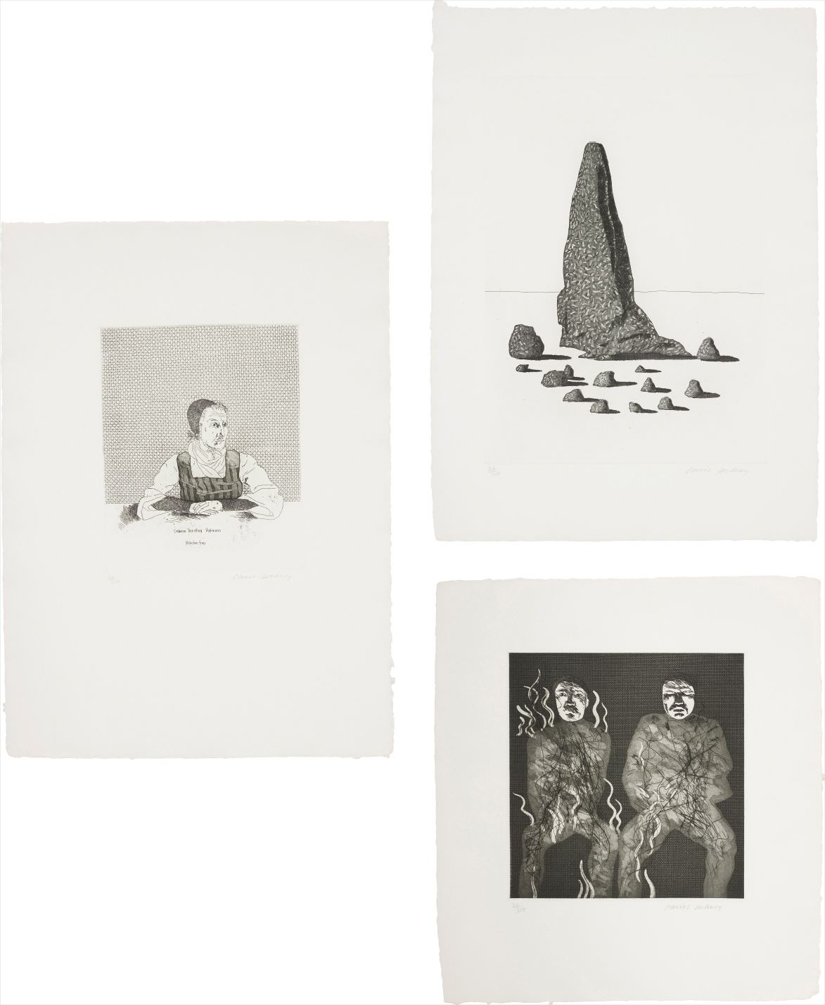 David Hockney — Catharina Dorothea Viehman; The Sexton Disguised as a Ghost Stood Still as Stone; and Corpses on Fire, plates 1, 21 and 22 from Illustrations for Six Fairy Tales from the Brothers Grimm