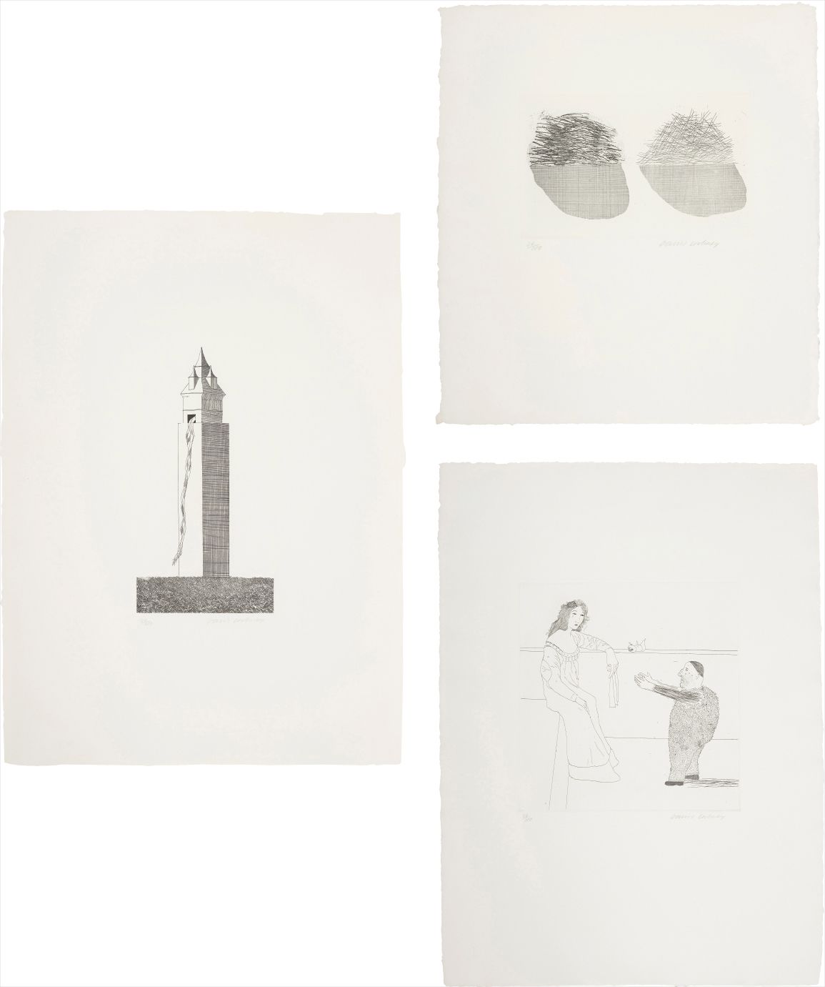 David Hockney — The Tower Had One Window; Straw on the Left, Gold on the Right; and Pleading for the Child, plates 16, 36 and 37 from Illustrations for Six Fairy Tales from the Brothers Grimm