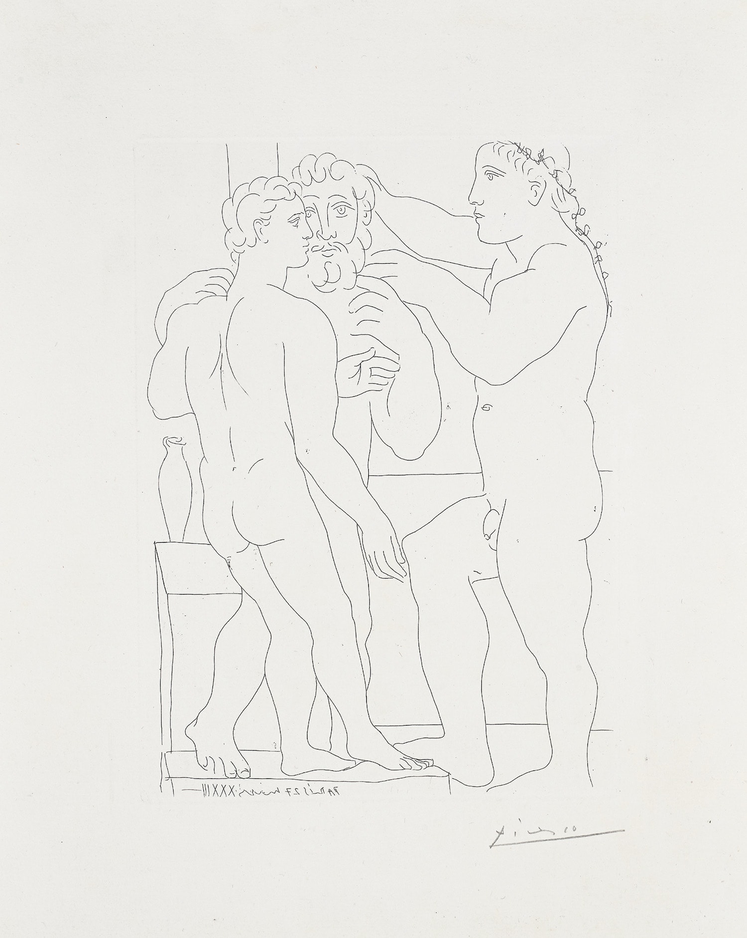 Pablo Picasso — Jeune sculpteur Grec avec sa sculpture: un homme et un Éphèbe (Young Greek Sculptor with his Sculpture: A Man and an Ephebe), plate 52 from La Suite Vollard