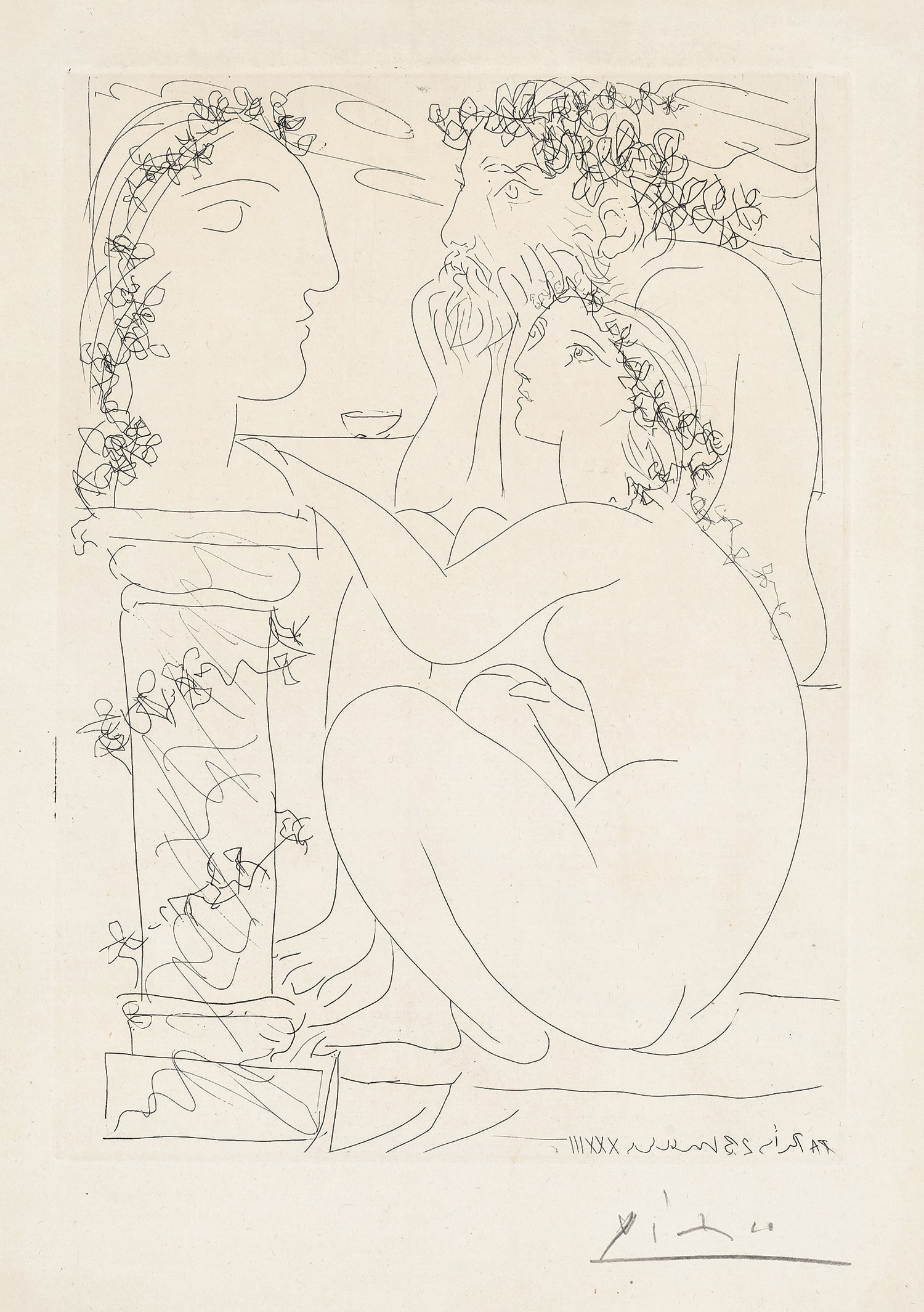 Pablo Picasso — Sculpteur avec son modèle et sa sculpture (Sculptor with his Model and Sculpture), plate 45 from La Suite Vollard