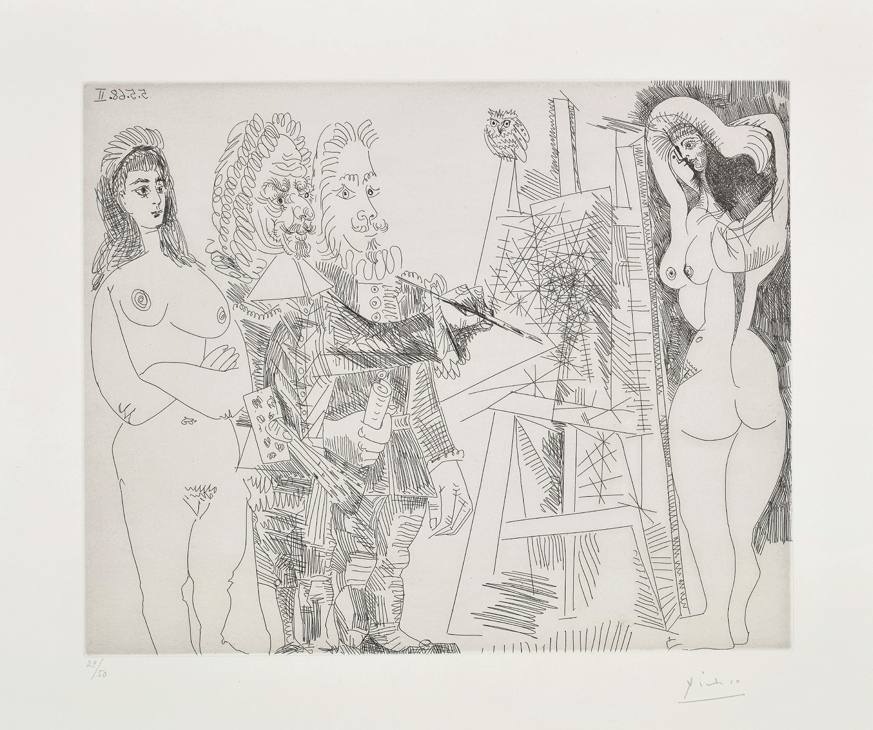 Pablo Picasso — L'Atelier, avec un hibou et un envoyé officiel (The Studio, With an Owl and an Official Envoy), plate 65 from the 347 Series