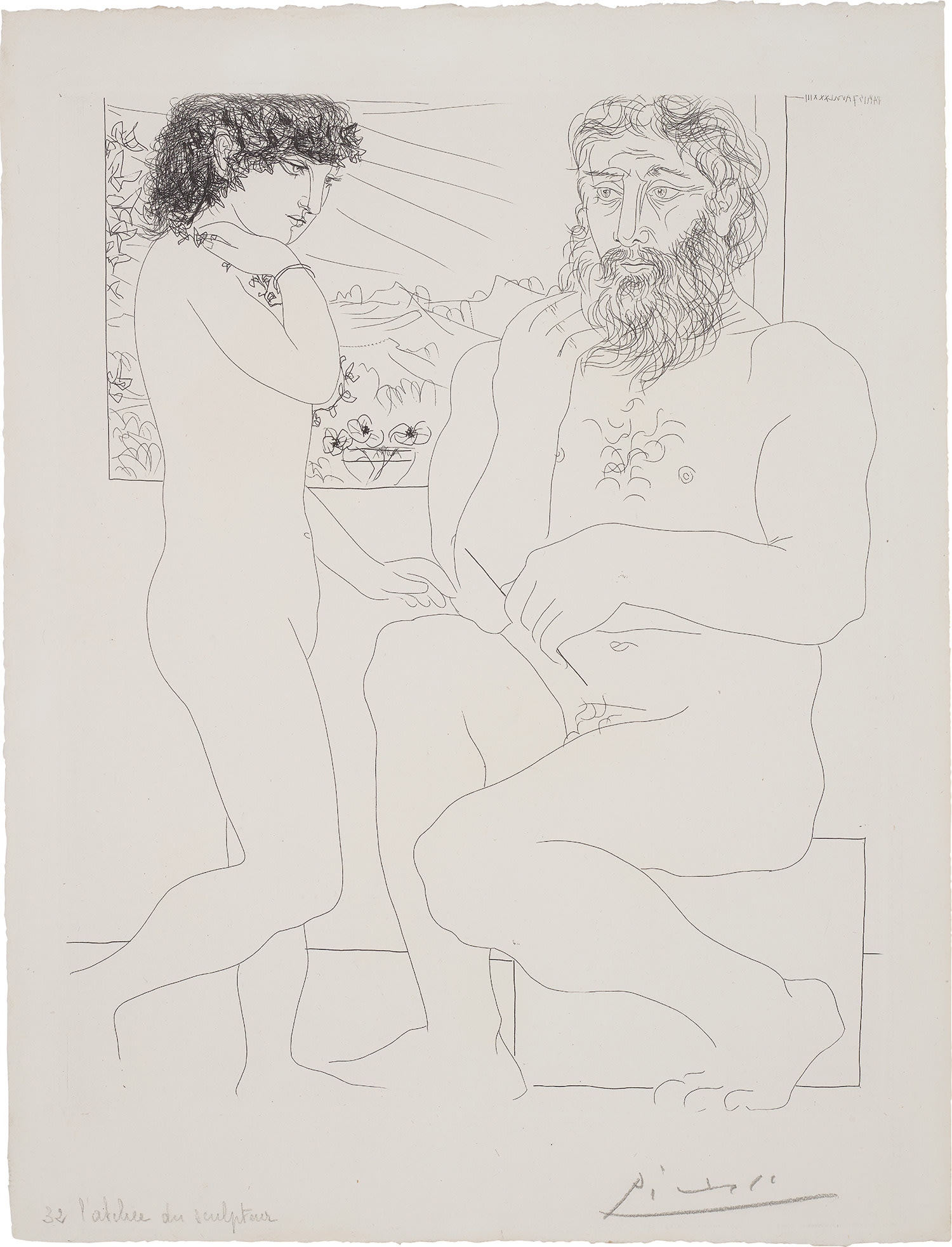 Pablo Picasso — Sculpteur songeant, modèle aux cheveux noirs et bol avec trois anémones (Pensive Sculptor, Model with Black Hair and Bowl with Three Anemones), plate 68 from La Suite Vollard