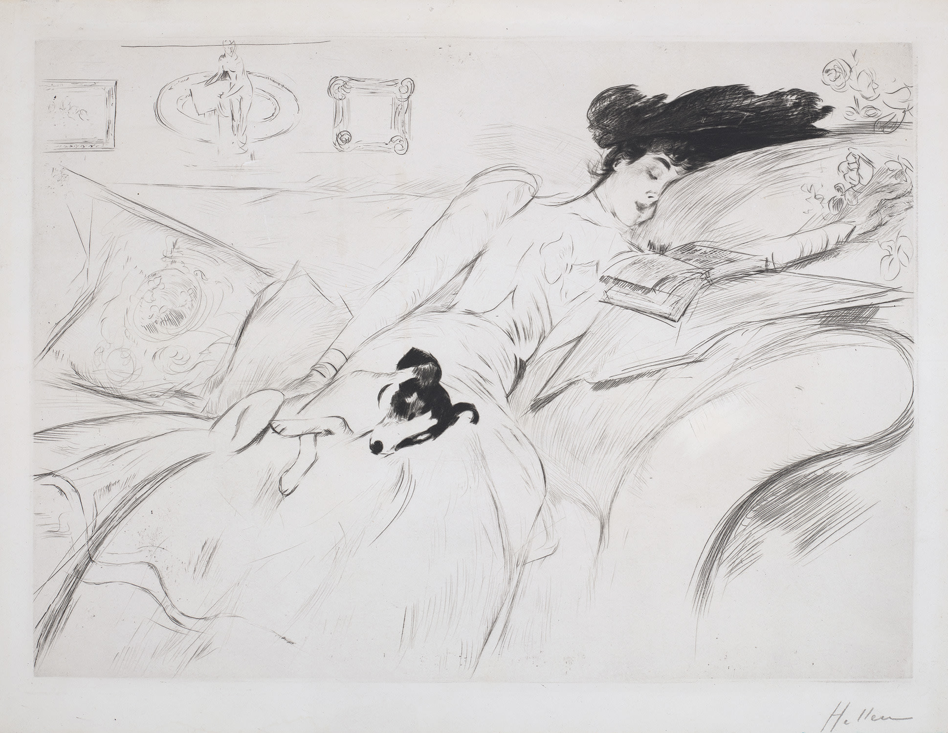 Head of a Woman in a Large Hat With a Dog