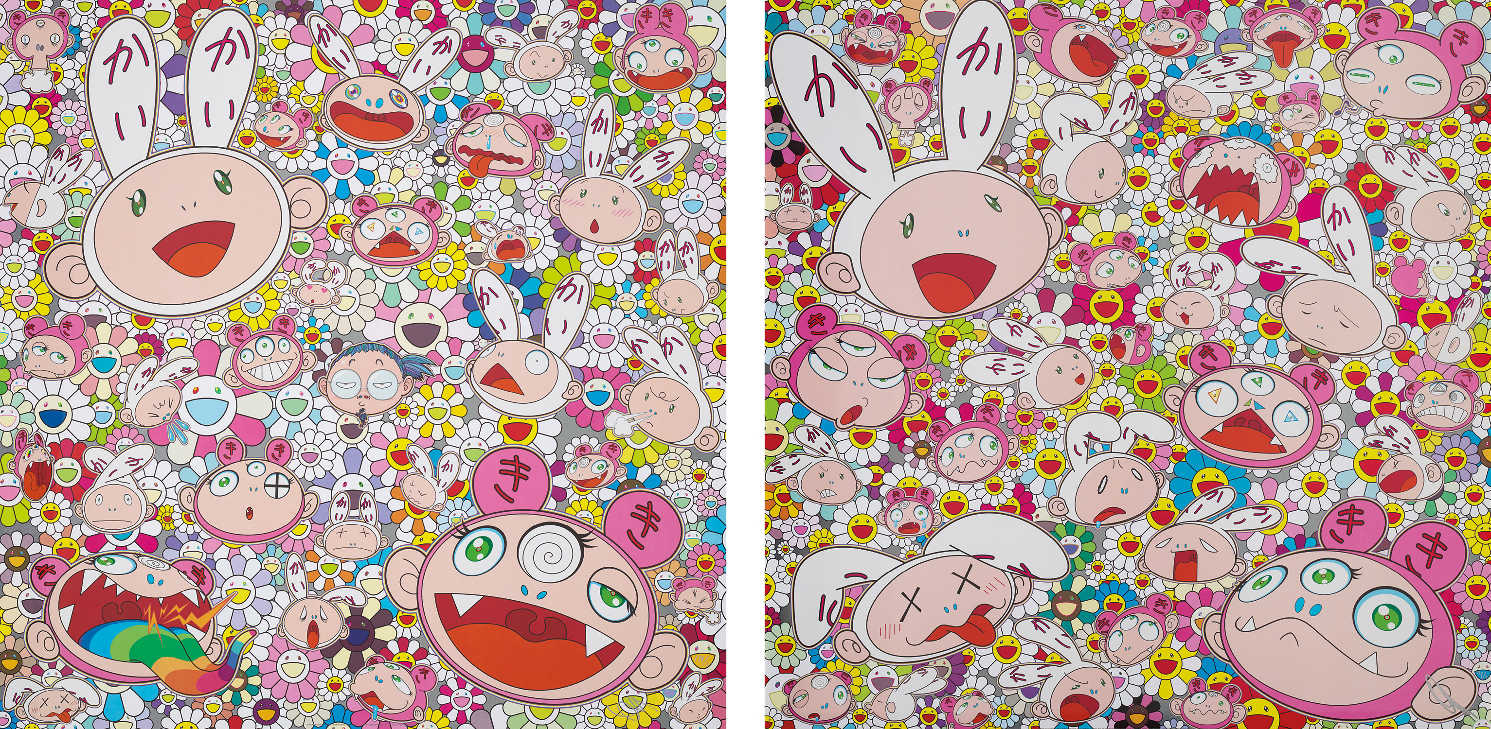 Takashi Murakami — Fortune Favors the Merry Home! Kaikai and Kiki; and There's bound to be difficult times There's bound to be sad times But we won't lose heart; we'd rather not cry, so laugh, we will!