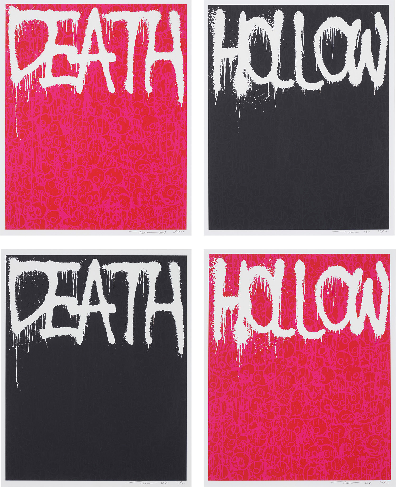 Takashi Murakami — Death (Red); Hollow (Black); Enso: Facing The Pitch Black Void; Death (Black); Hollow (Red); and Enso: A World Filled With Light