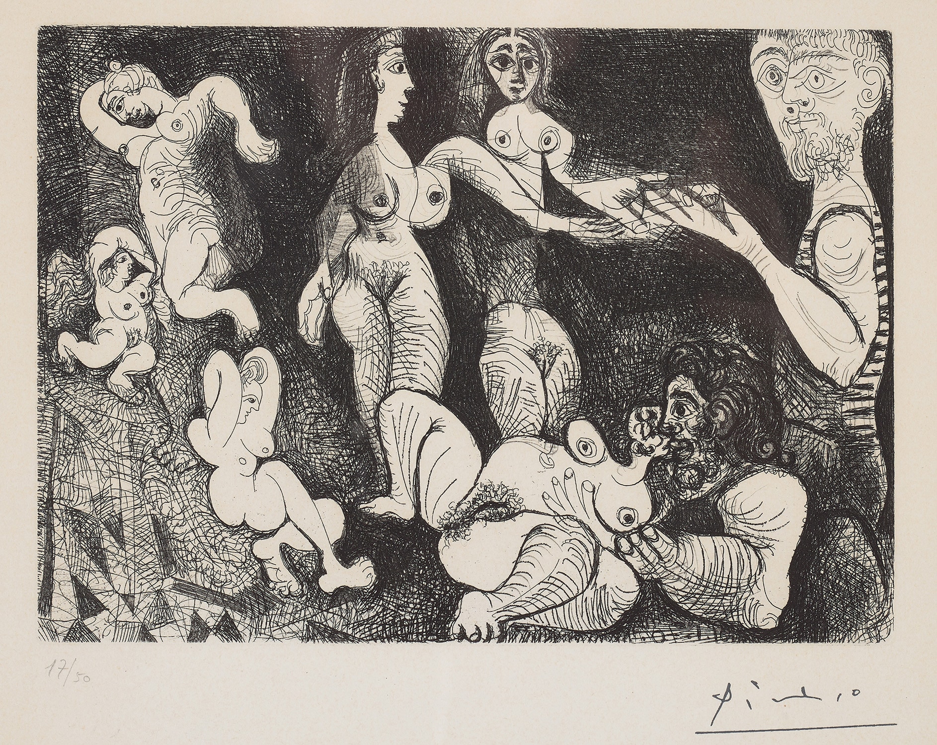 Pablo Picasso — Marin rêveur avec deux femmes, couple, spectatrice et sculpture sur un escabeau (Daydreaming Sailor with Two Women), plate 9 from Séries 156 (Bl. 1864, Ba. 1869)
