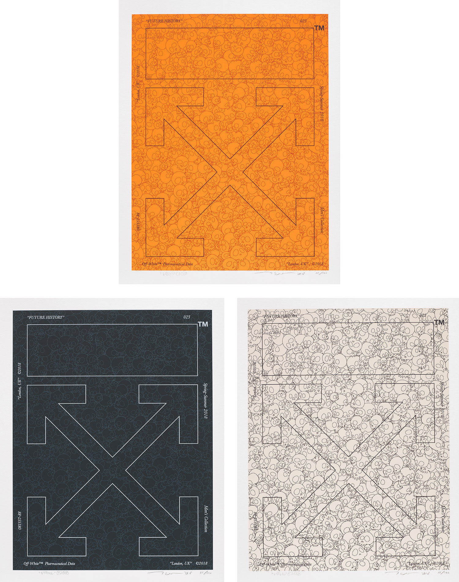 Memento Mori: Fluorescent Orange; Memento Mori: Stone Black; and Memento Mori: Off White