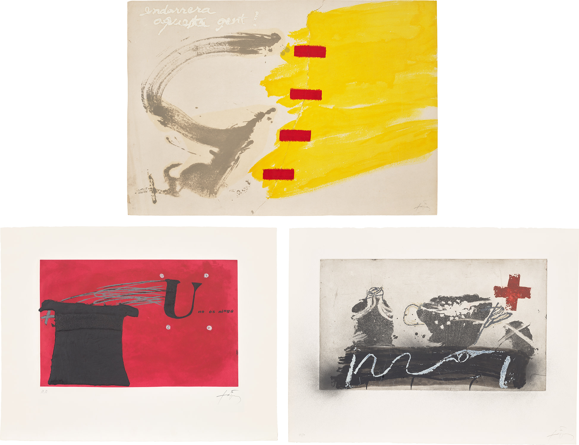 Antoni Tàpies — Endarrera aquesta gent (Back These People); U no és ningú (You Are Nobody); and Serp i creu (Snake and Cross) (G. 660; 727; and G. 1107)