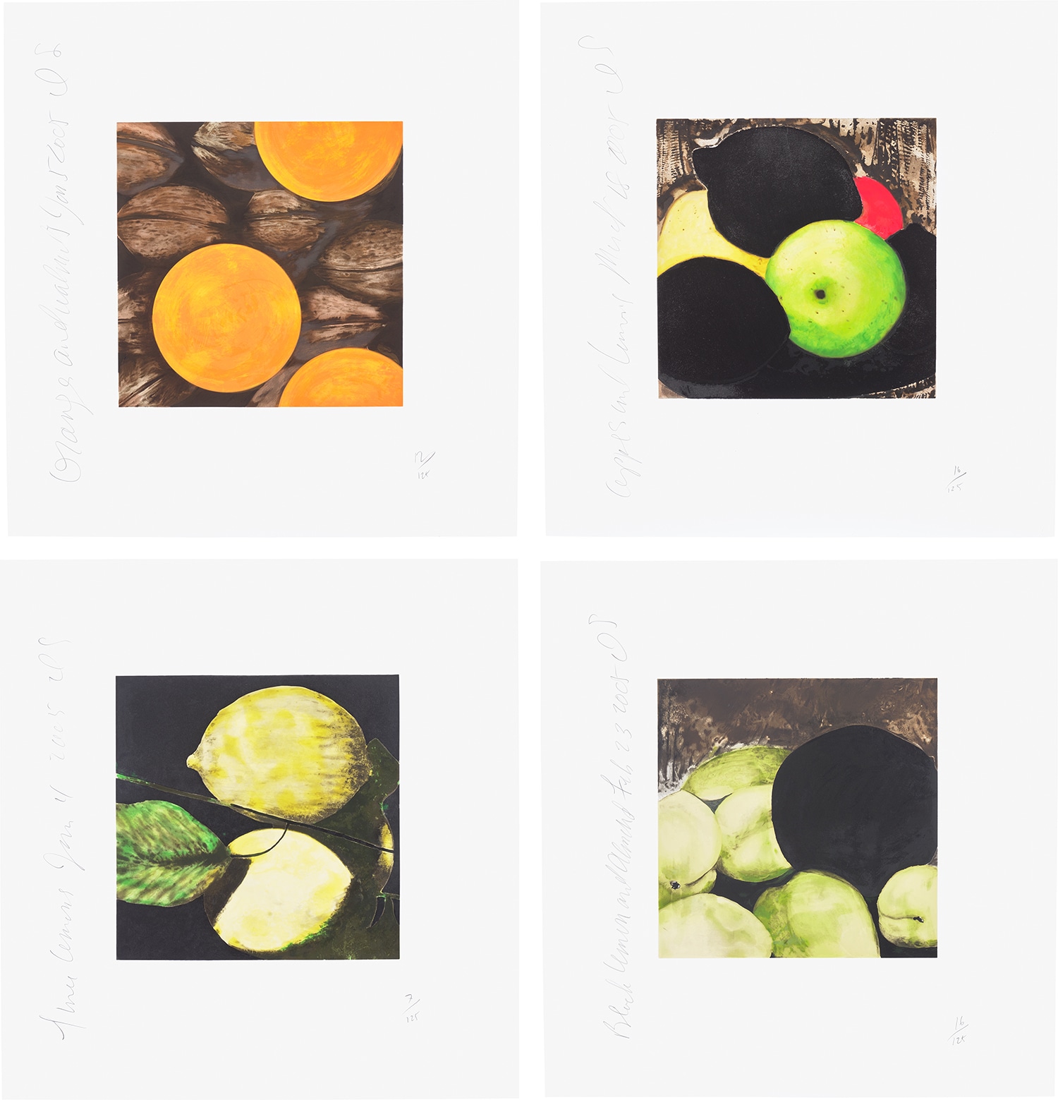 Donald Sultan — Oranges and Walnuts; Apples and Lemons; Three Lemons; and Black Lemons and Almonds