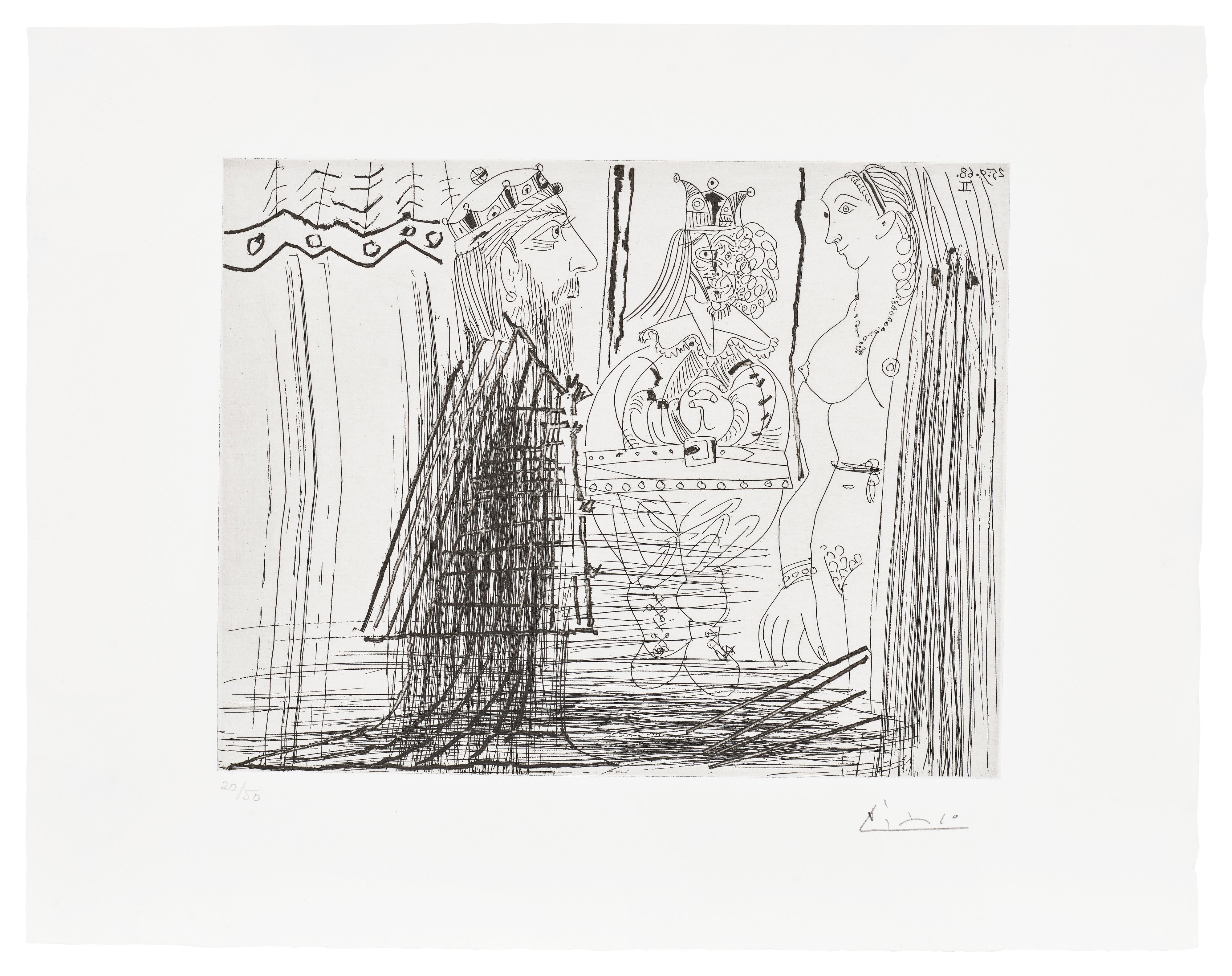 Pablo Picasso — Scène biblique (David et Bethsabée?), avec bouffon au chapeau à deux cornes (Biblical Scene (David and Bathsheba?), with Jester in Two-Pointed Hat), plate 334 from Série 347 (Bl. 1814, Ba. 1831)