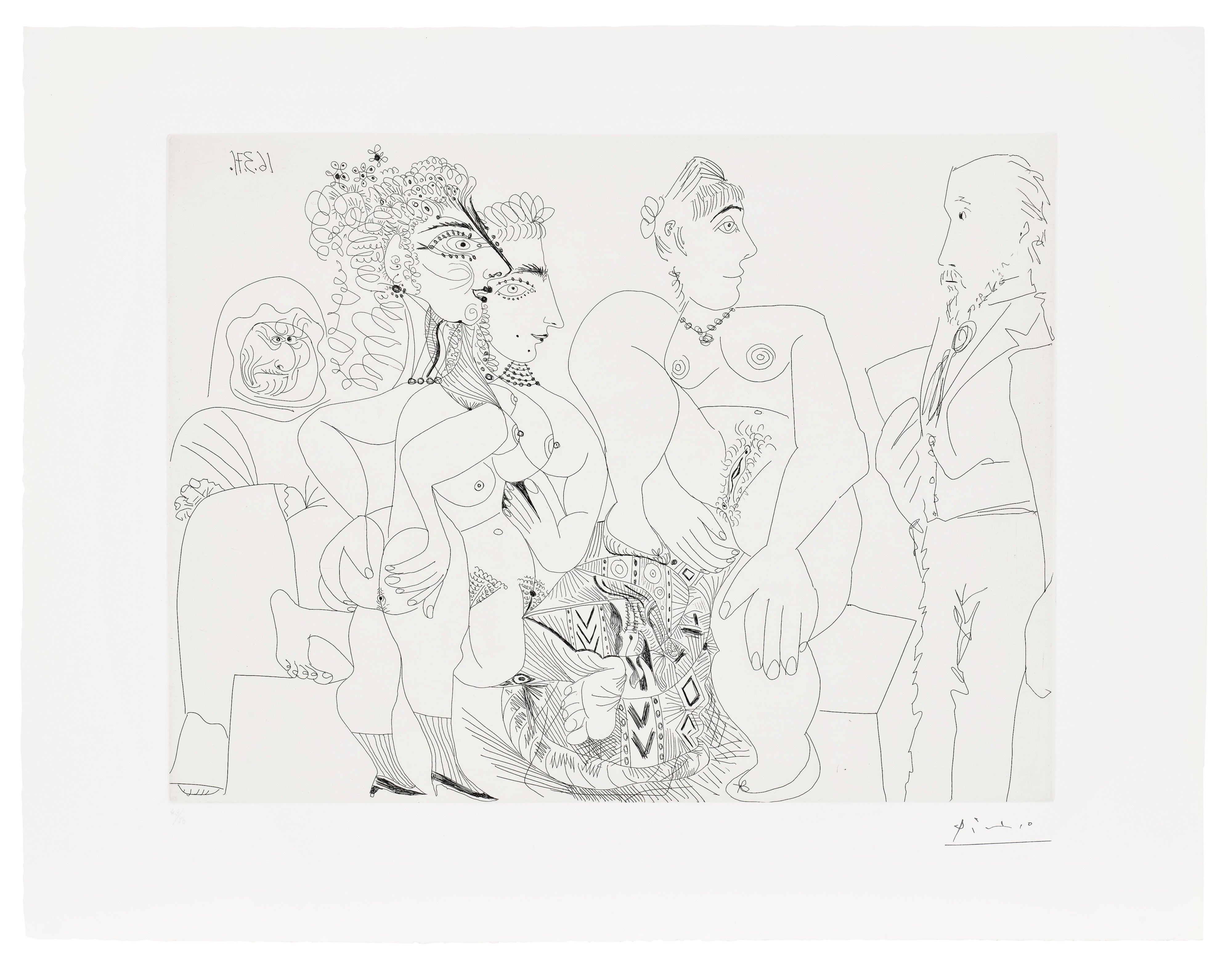 Pablo Picasso — Maison close, Degas avec son album, Célestine, trois filles, et un pouf Marocain (Brothel, Degas with his Album, Célestine, Three Ladies, and a Moroccan Pouf), plate 87 from Série 156 (Bl. 1942, Ba. 1951)