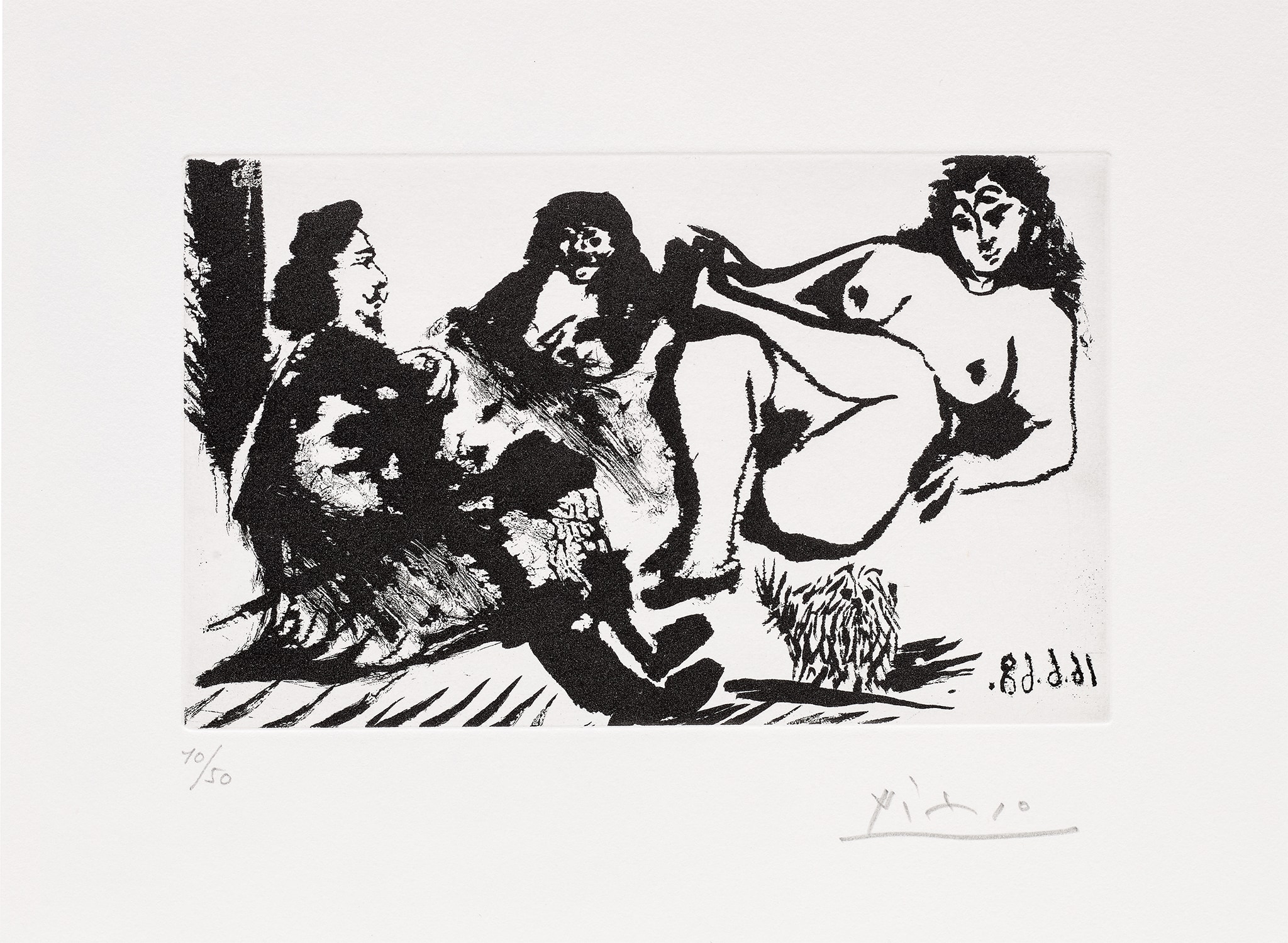 Pablo Picasso — Cavalier en visite chez une fille, avec la Célestine et un petit chien (Cavalier Visiting a Girl, with Celestine and a Small Dog), plate 162 from 347 Series (Bl. 1642, Ba. 1658)