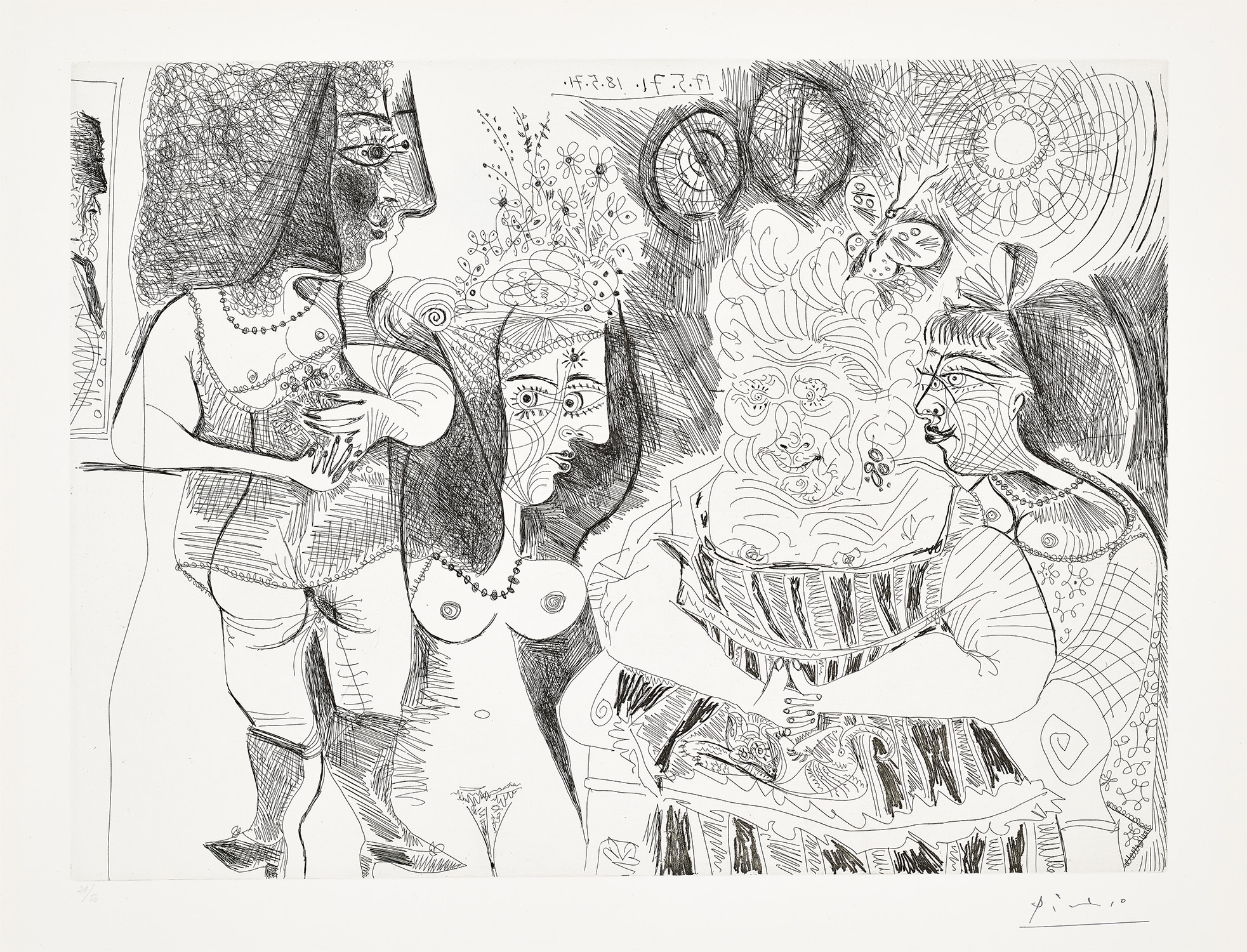 Pablo Picasso — La fête de la patronne, petit chien, fleurs et potins, portrait de Degas au mur (Patron Saint's Day, Little Dog, Flowers and Gossip, Portrait of Degas on the Wall), plate 129 from Séries 156 (Bl. 1984, Ba. 1994)