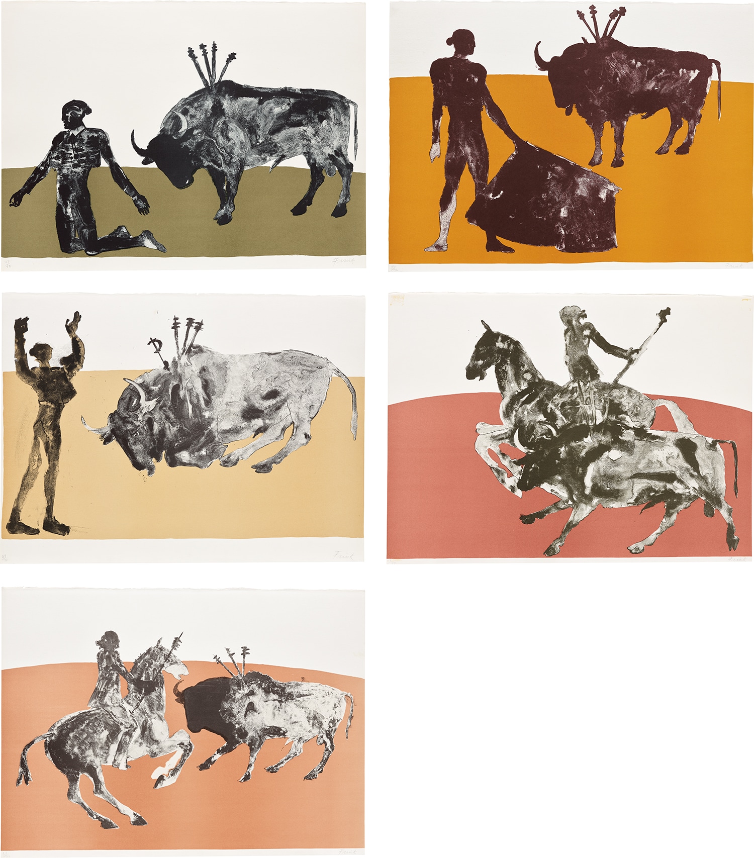 Dame Elisabeth Frink — Corrida III-V (W. 80-82); and Rejoneadora II-III (W. 84-85), from Corrida