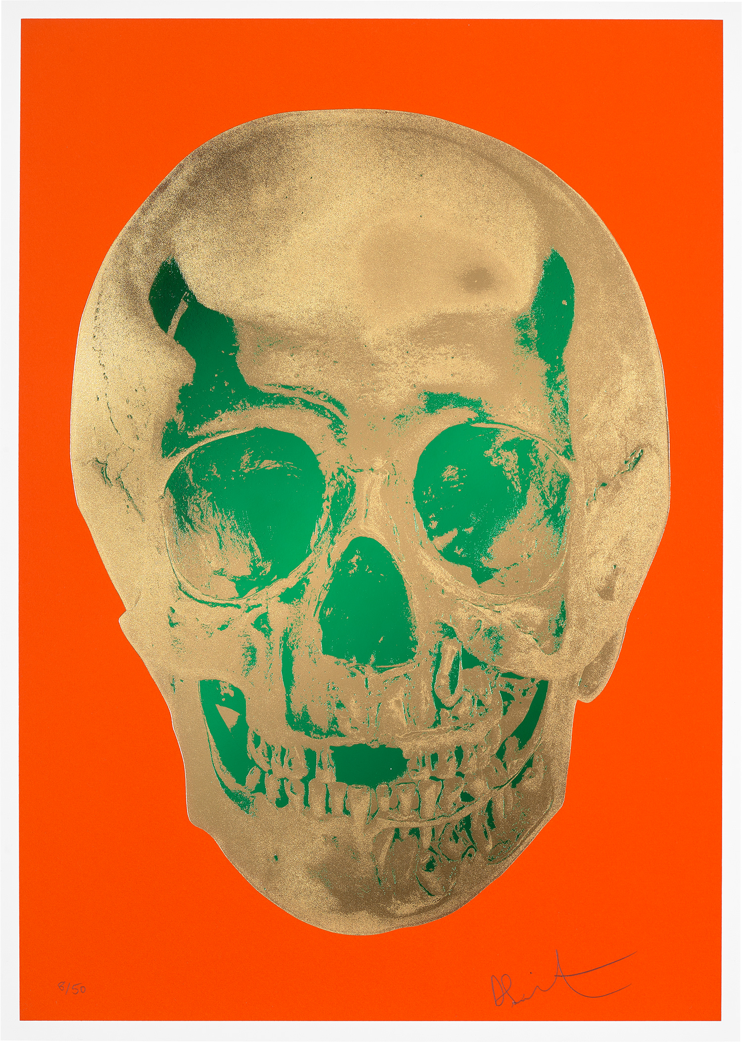 Damien Hirst — 'Till Death Us Do Part - Time Bright Orange African Gold Emerald Green Pop Up Skull