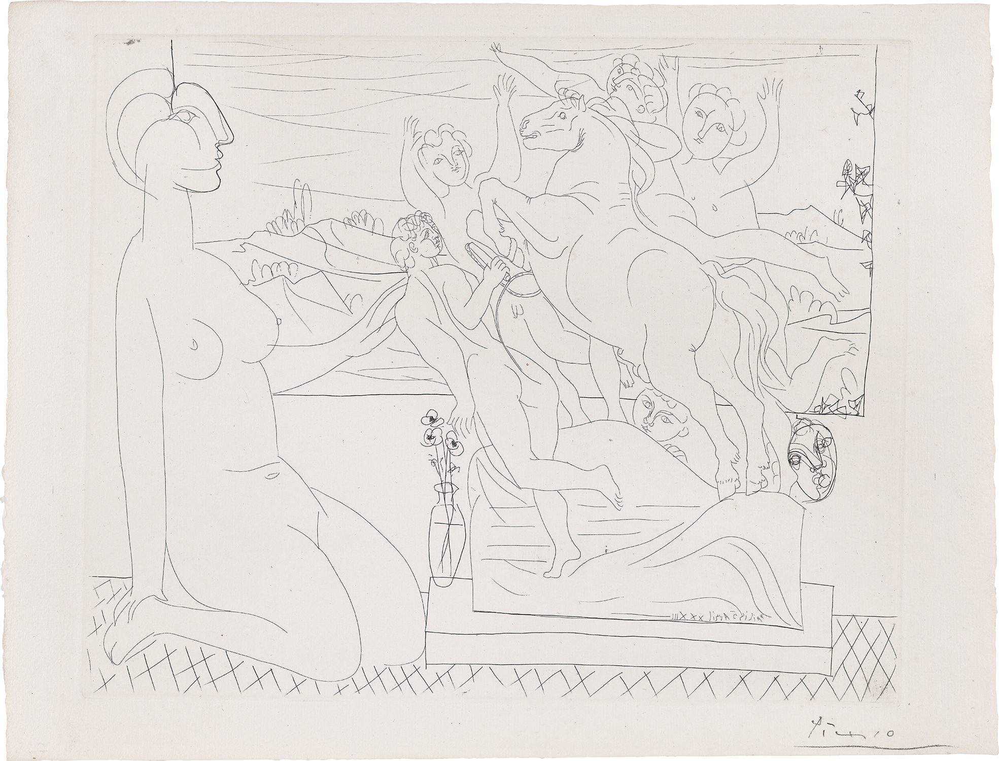 Pablo Picasso — Marie-Thérèse agenouillée contemplant un groupe sculpté (Marie-Thérèse Kneeling, Studying a Sculpted Group), plate 66 from La Suite Vollard (Bl. 175, Ba. 328)