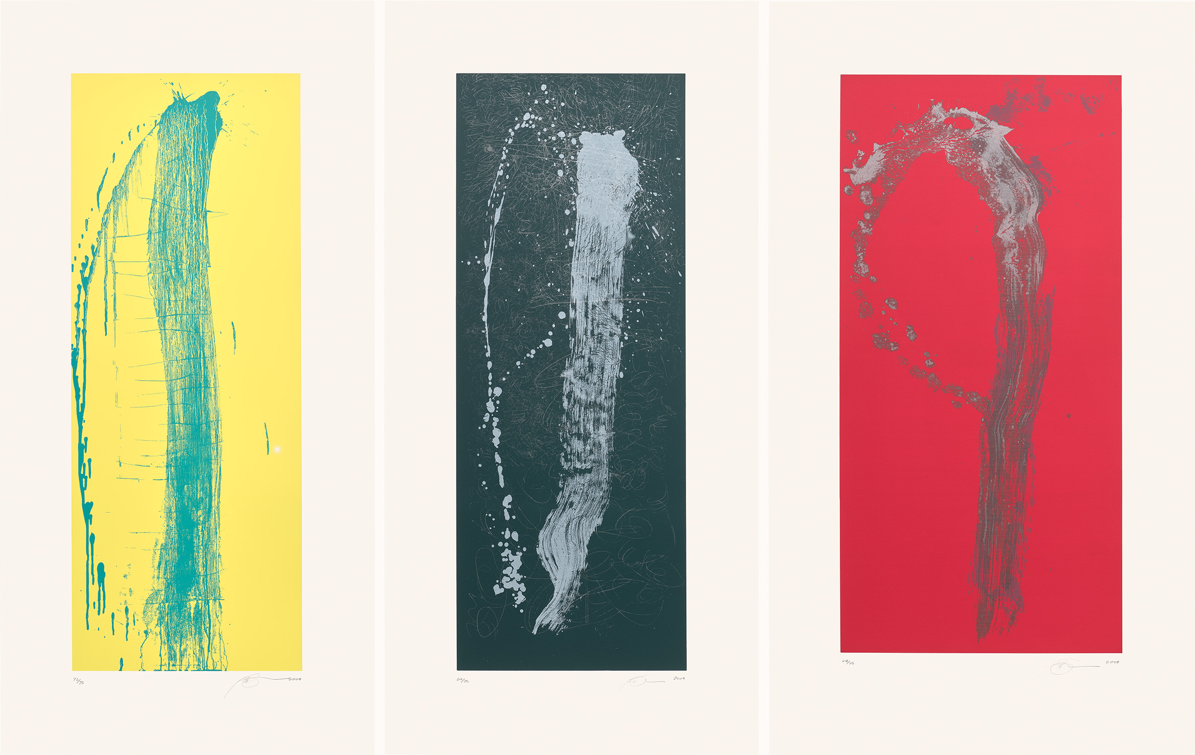 Pat Steir — Blue and Yellow Single Mark Waterfall; Green and Silver Single Mark Waterfall; and Big Red with Many Colors Dark Mark Waterfall