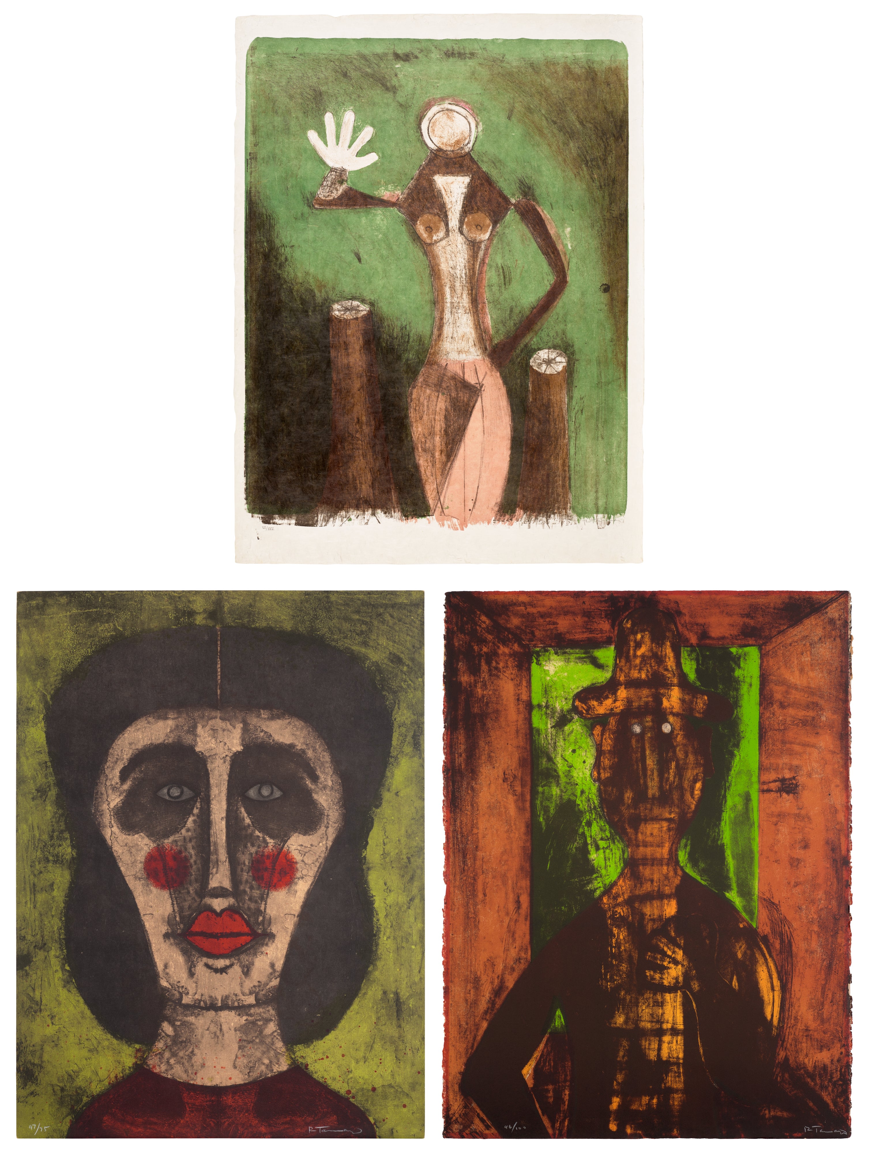 Rufino Tamayo — Mujer en lila (Woman in Lilac); Cabeza de mujer (Head of a Woman); and Hombre en fondo verde (Man on Green Background) (P. 113; 114; 287)