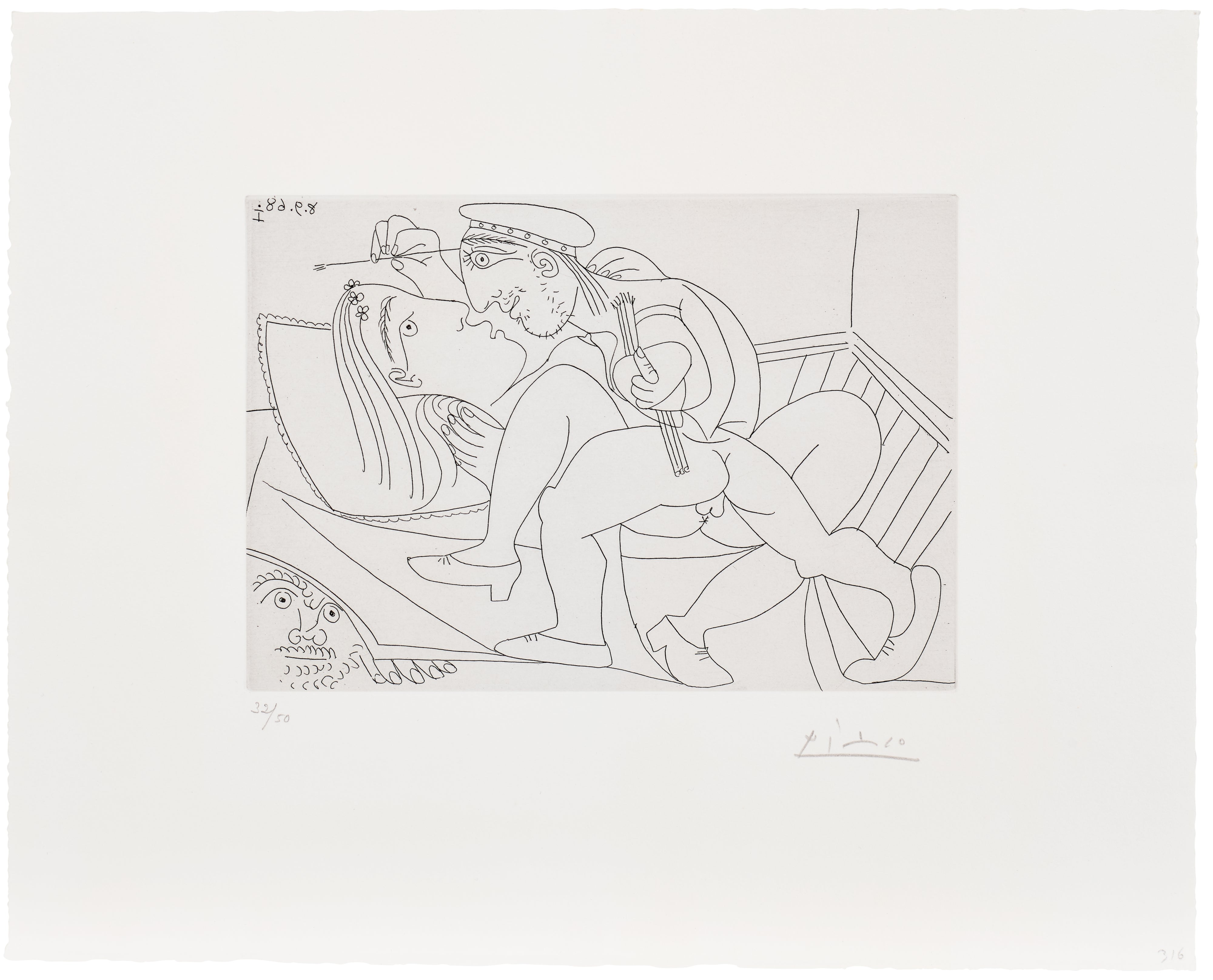 Pablo Picasso — Raphaël et la Fornarina XXI: Michel-Ange est caché sous le lit (Raphael and the Fornarina XXI: Michelangelo is Hidden Under the Bed), plate 316 from Série 347 (Bl. 1796, Ba. 1813)