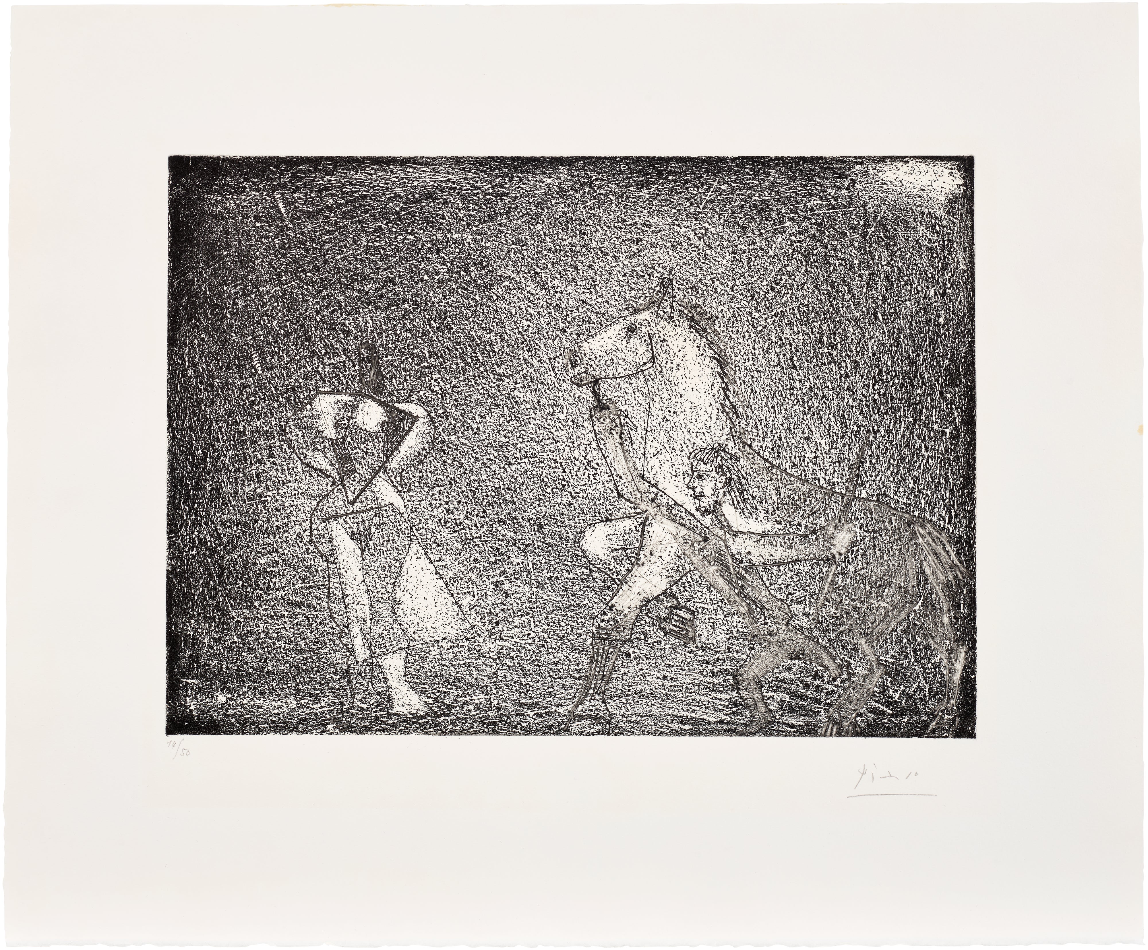 Pablo Picasso — Homme arrêtant un cheval devant une femme (Man Stopping a Horse in Front of a Woman), plate 57 from Série 347 (Bl. 1537, Ba. 1553)