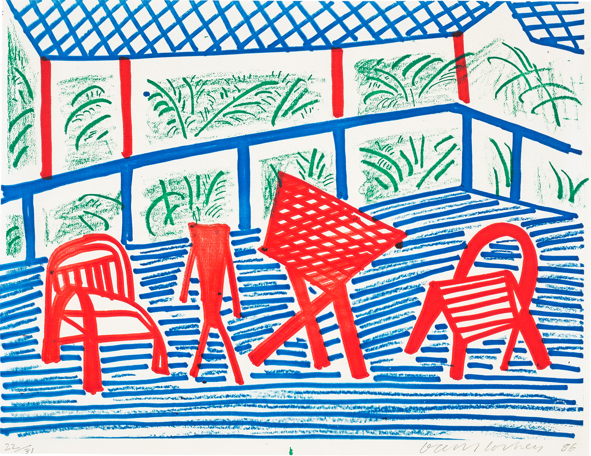 David Hockney — Two Red Chairs and Table, March 1986 (M.C.A.T. 316)