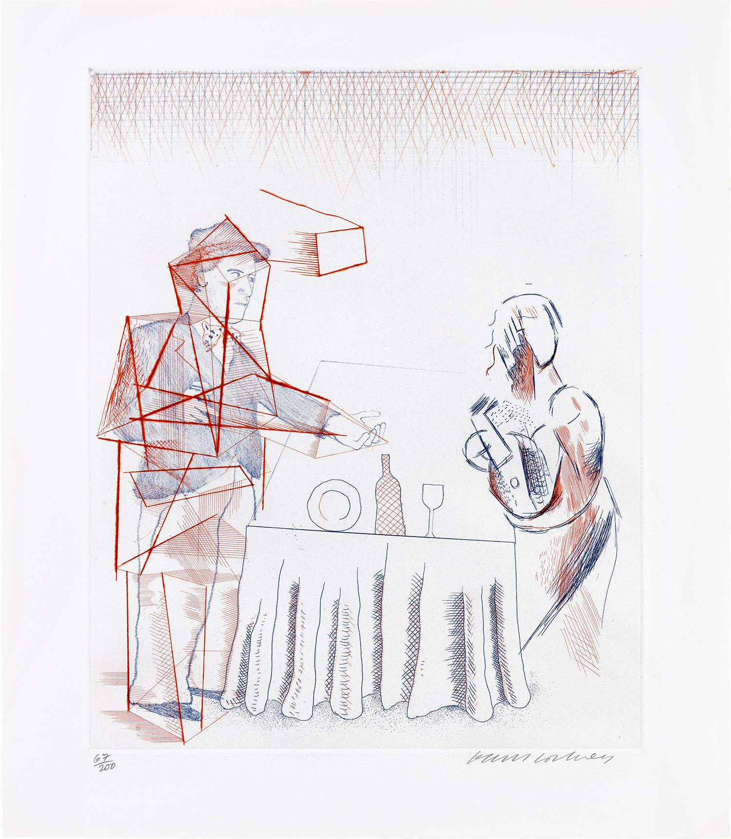 David Hockney — Figures with Still Life, plate 10 from The Blue Guitar (S.A.C. 208, M.C.A.T. 187)