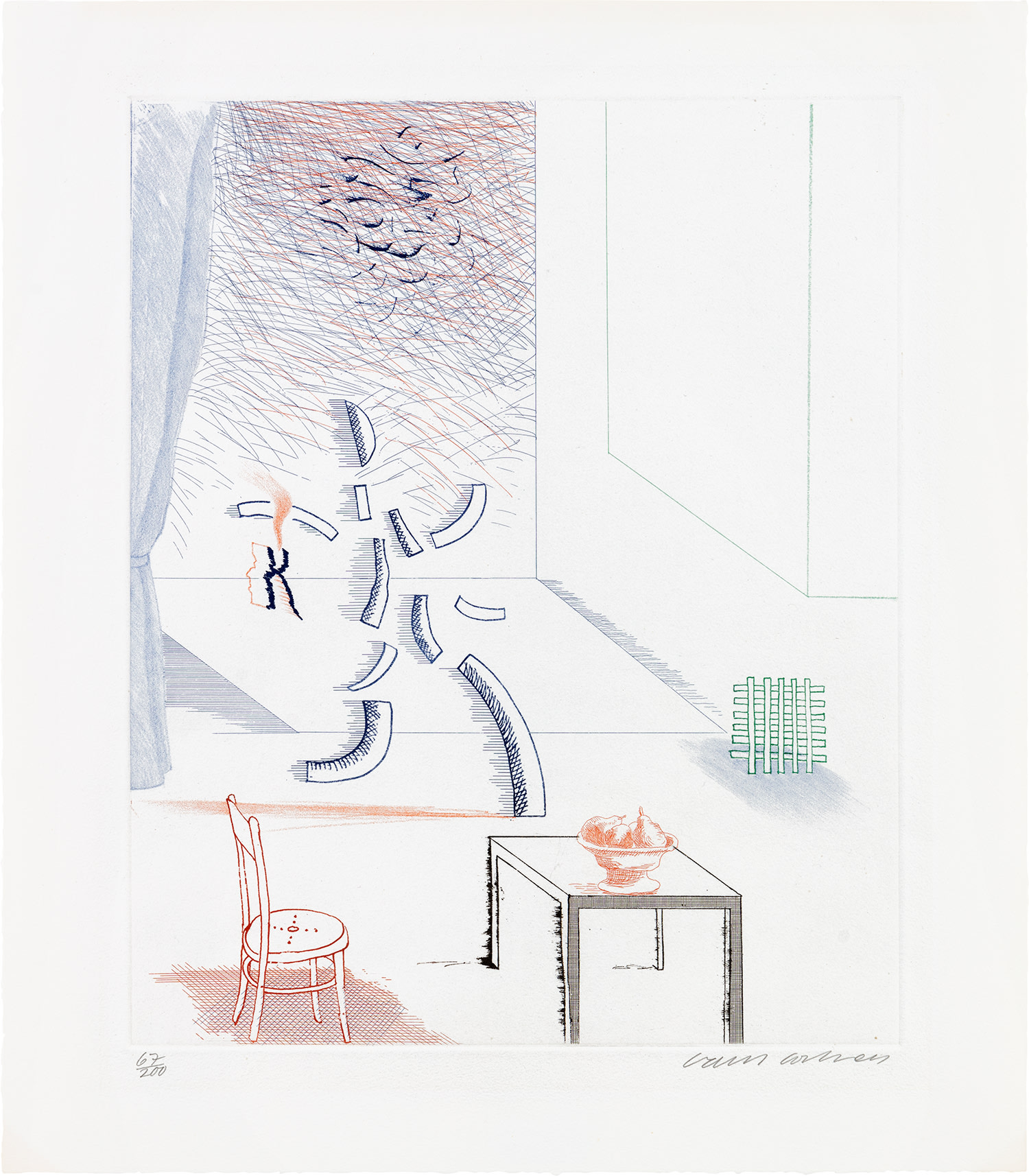 David Hockney — Tick It, Tock It, Turn It True, plate 15 from The Blue Guitar (S.A.C. 213, M.C.A.T. 192)