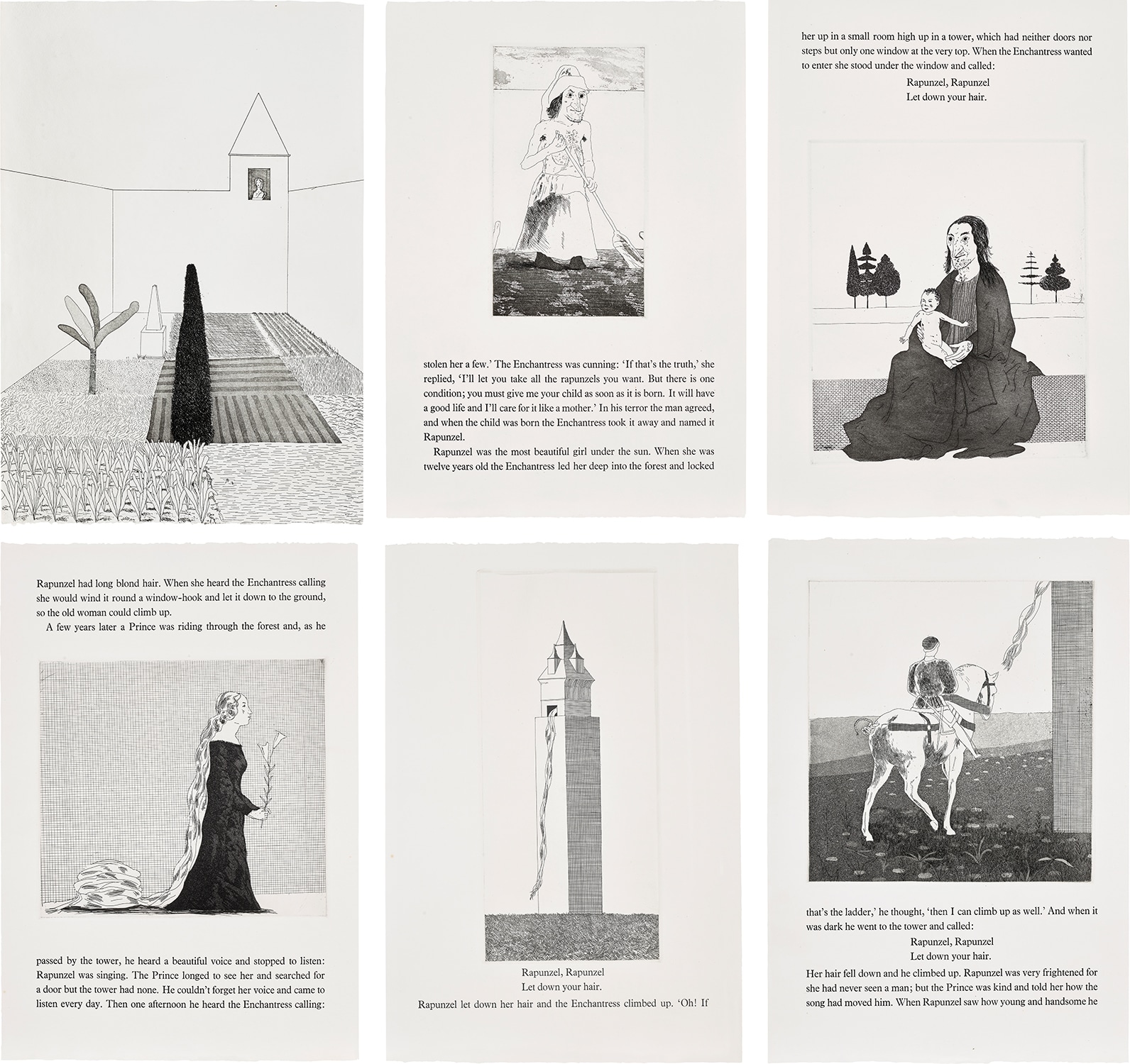 David Hockney — Rapunzel, from Illustrations for Six Fairy Tales from the Brothers Grimm (S.A.C. 81-86, M.C.A.T. 78-83)